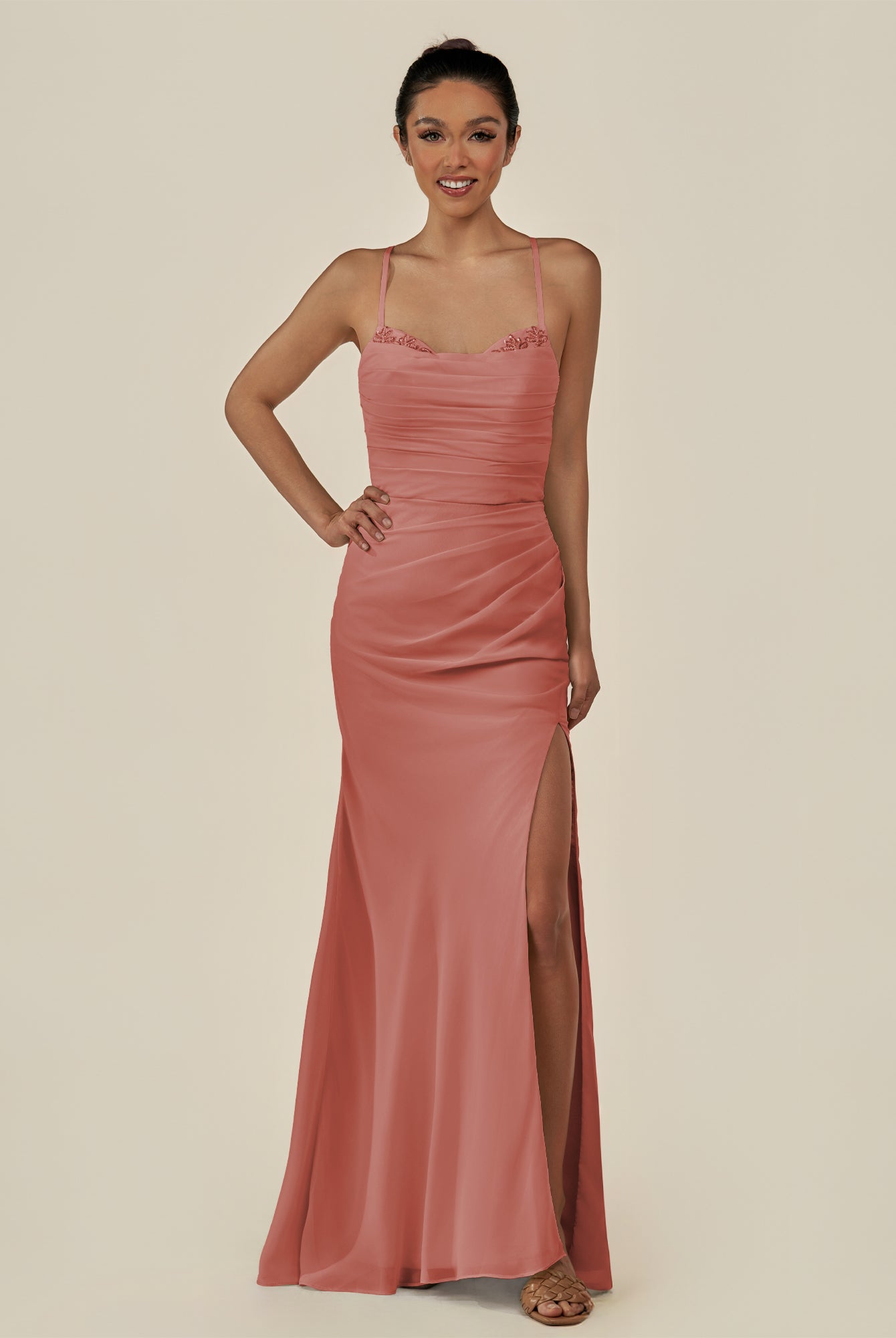 KissDress-Myka Mulberry Sheath Chiffon Spaghetti Straps Long Bridesmaid Dress with Sequins