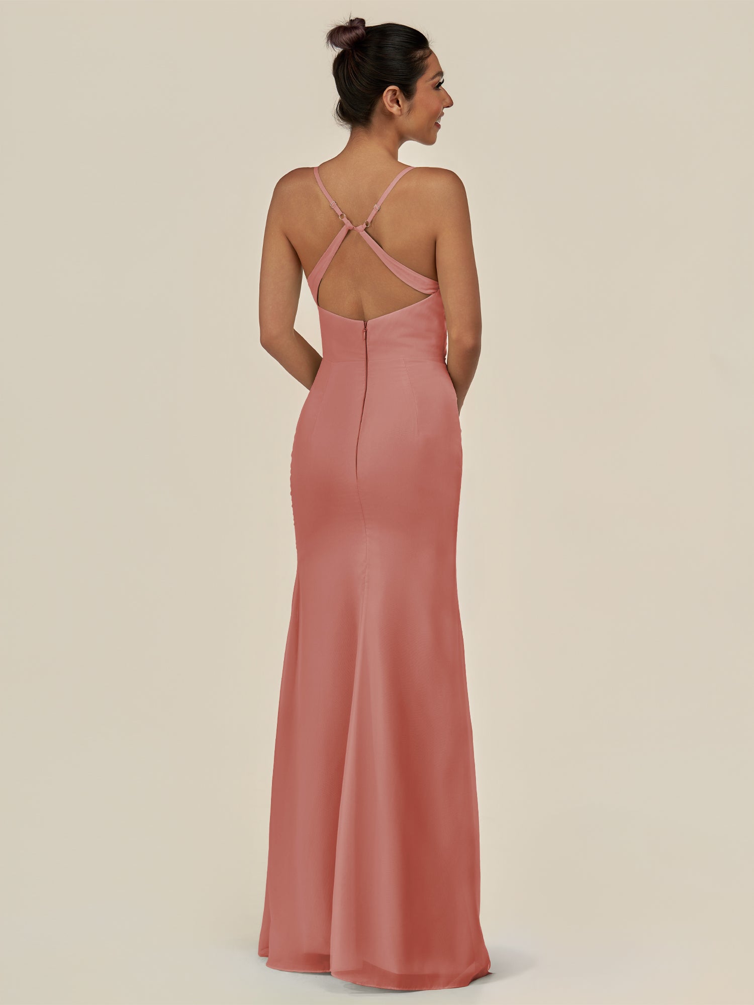 KissDress-Myka Mulberry Sheath Chiffon Spaghetti Straps Long Bridesmaid Dress with Sequins