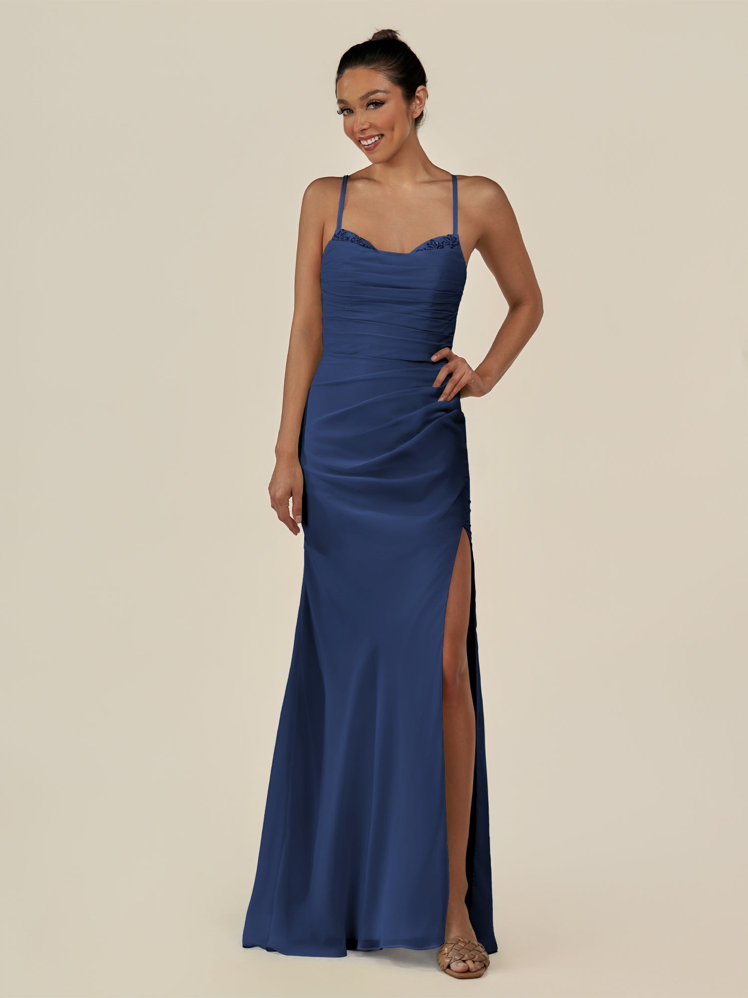 KissDress-Myka Navy Sheath Chiffon Spaghetti Straps Long Bridesmaid Dress with Sequins