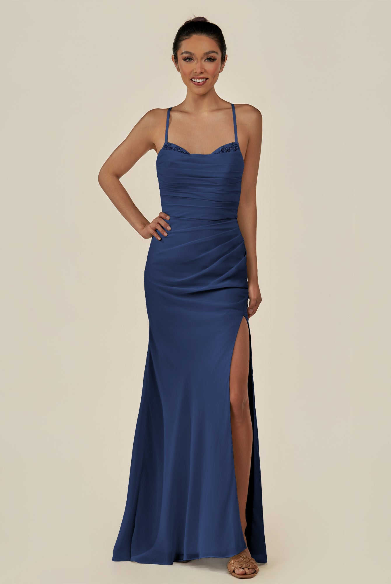 KissDress-Myka Navy Sheath Chiffon Spaghetti Straps Long Bridesmaid Dress with Sequins