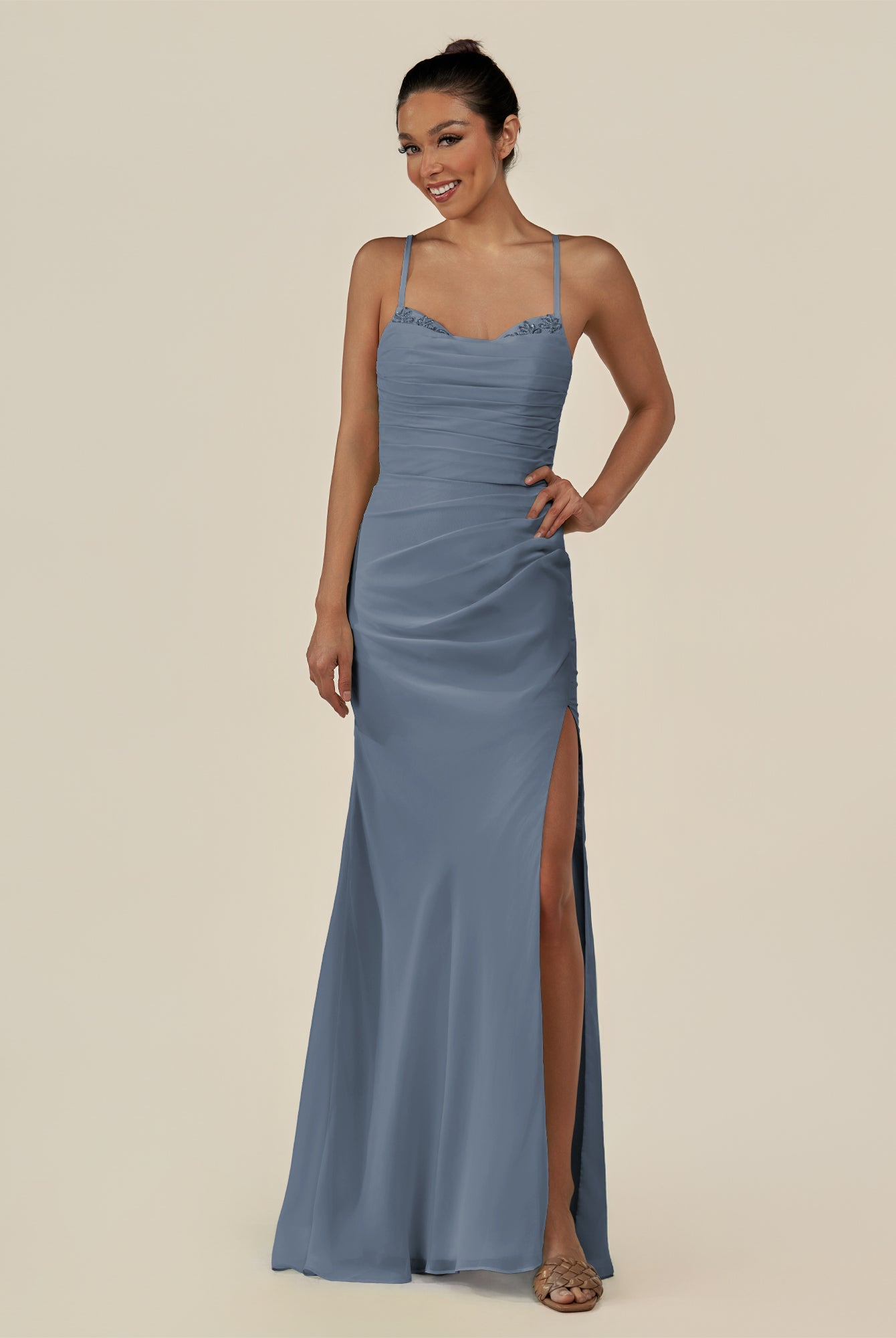 KissDress-Myka Neptune Sheath Chiffon Spaghetti Straps Long Bridesmaid Dress with Sequins