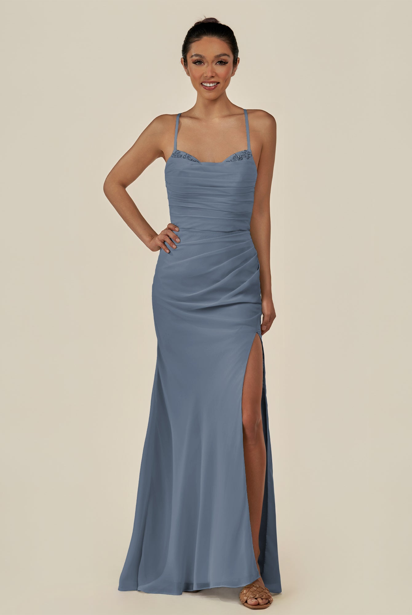 KissDress-Myka Neptune Sheath Chiffon Spaghetti Straps Long Bridesmaid Dress with Sequins
