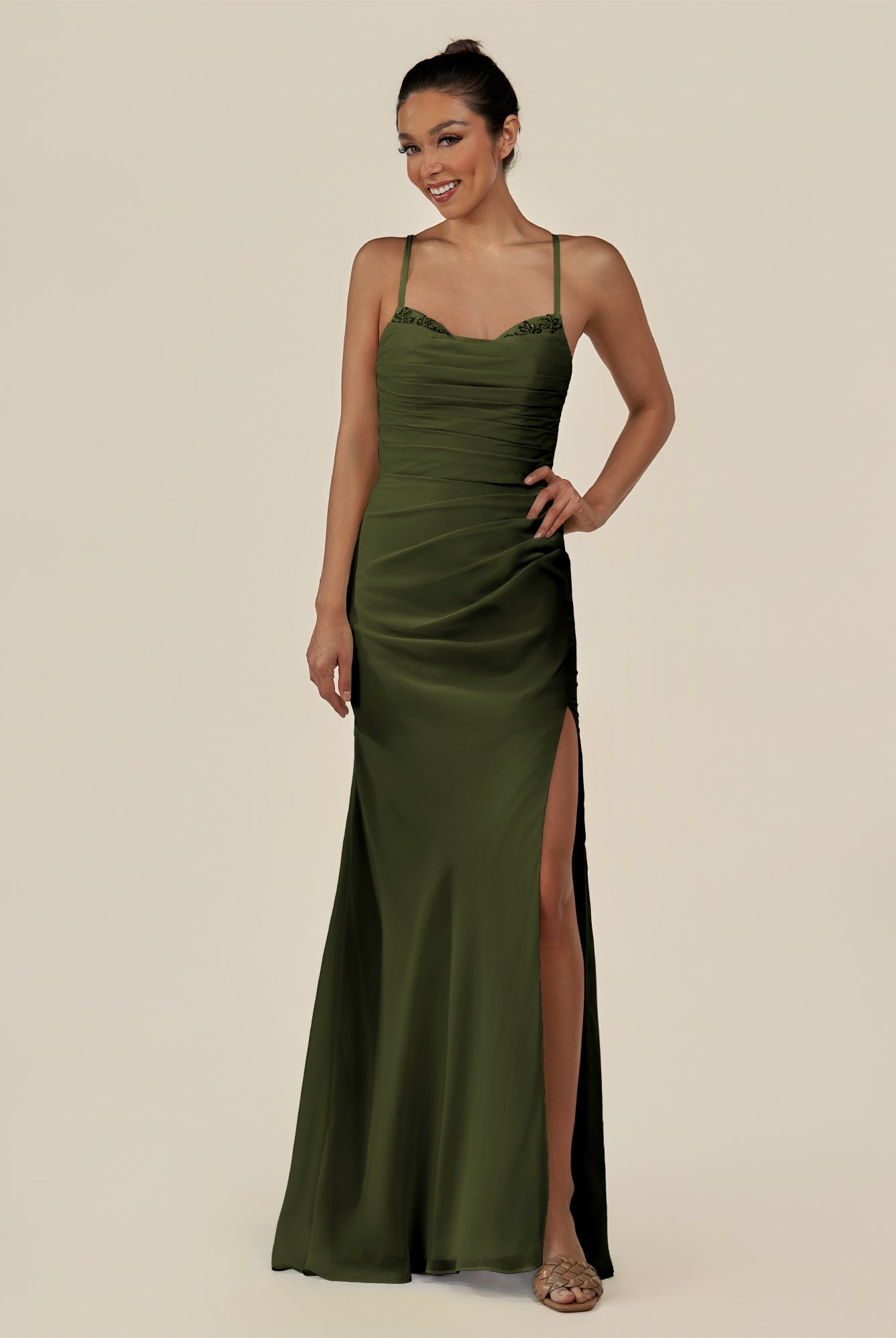 KissDress-Myka Olive Sheath Chiffon Spaghetti Straps Long Bridesmaid Dress with Sequins