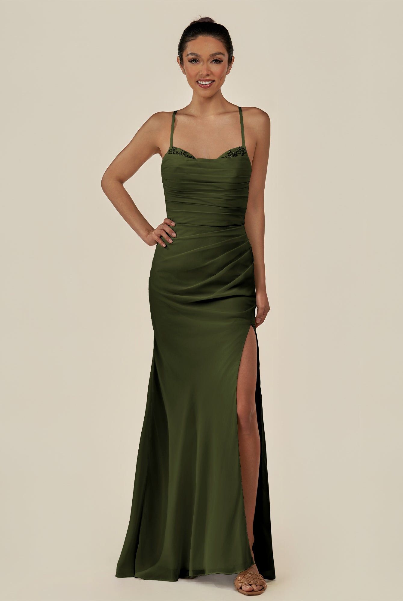 KissDress-Myka Olive Sheath Chiffon Spaghetti Straps Long Bridesmaid Dress with Sequins