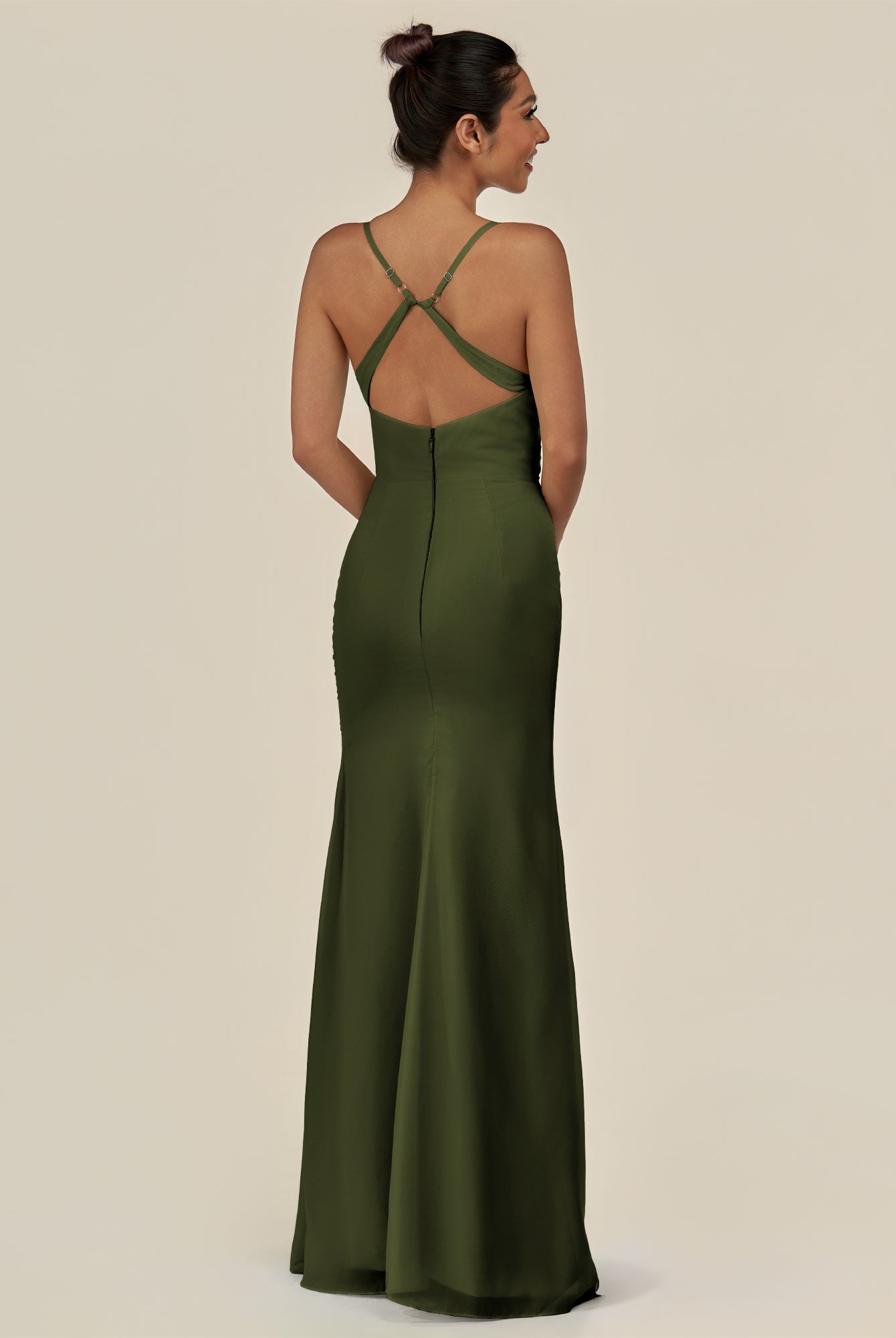 KissDress-Myka Olive Sheath Chiffon Spaghetti Straps Long Bridesmaid Dress with Sequins