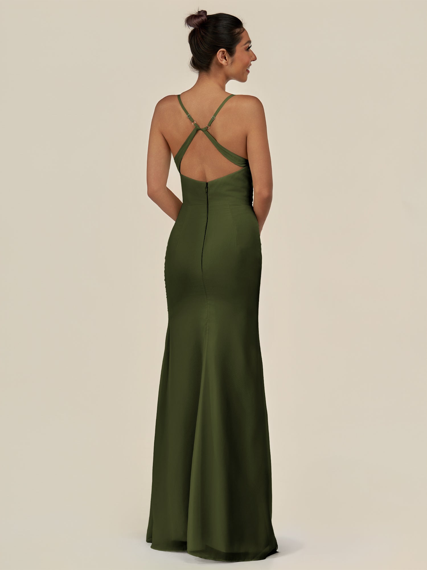 KissDress-Myka Olive Sheath Chiffon Spaghetti Straps Long Bridesmaid Dress with Sequins
