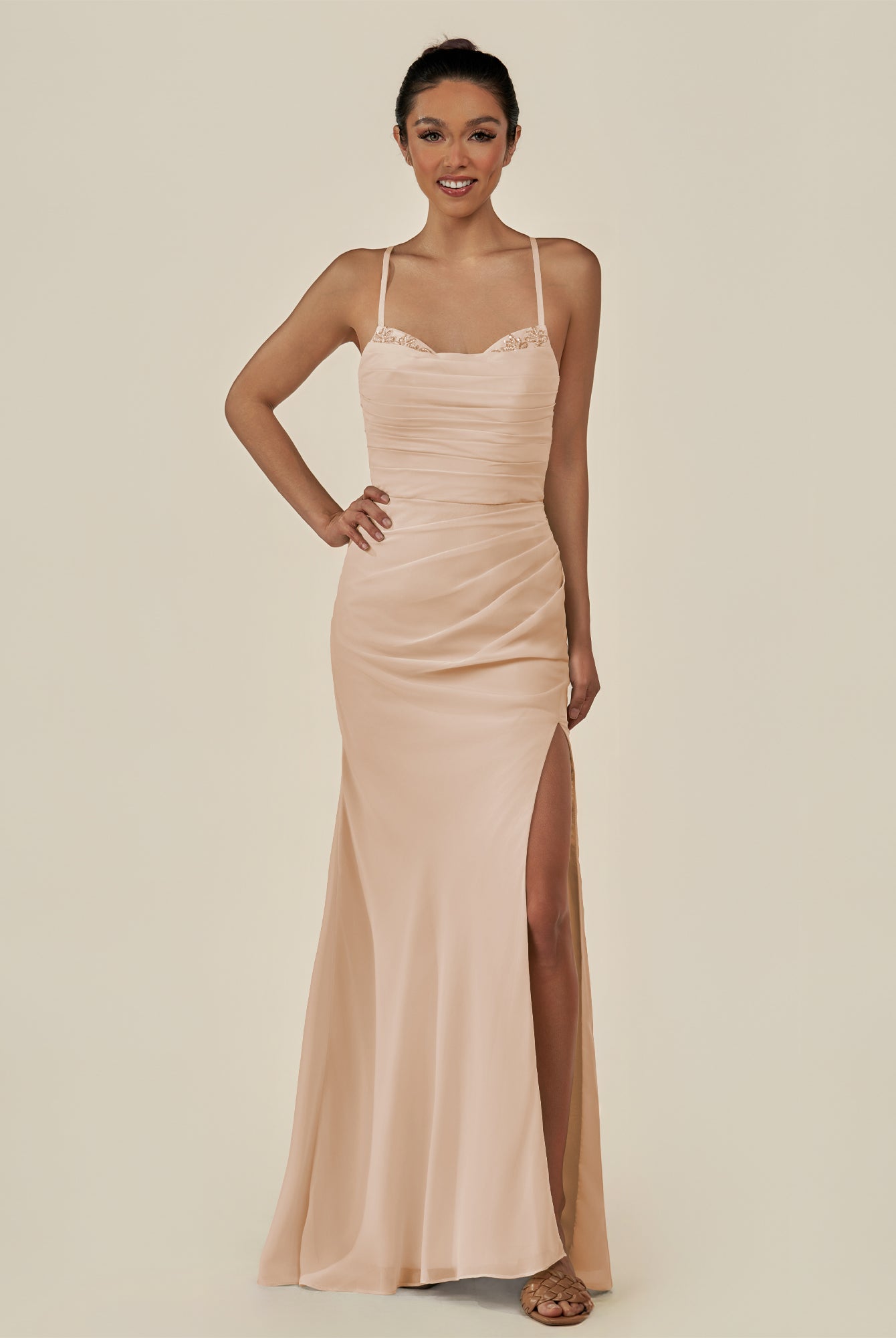 KissDress-Myka Pale Blush Sheath Chiffon Spaghetti Straps Long Bridesmaid Dress with Sequins
