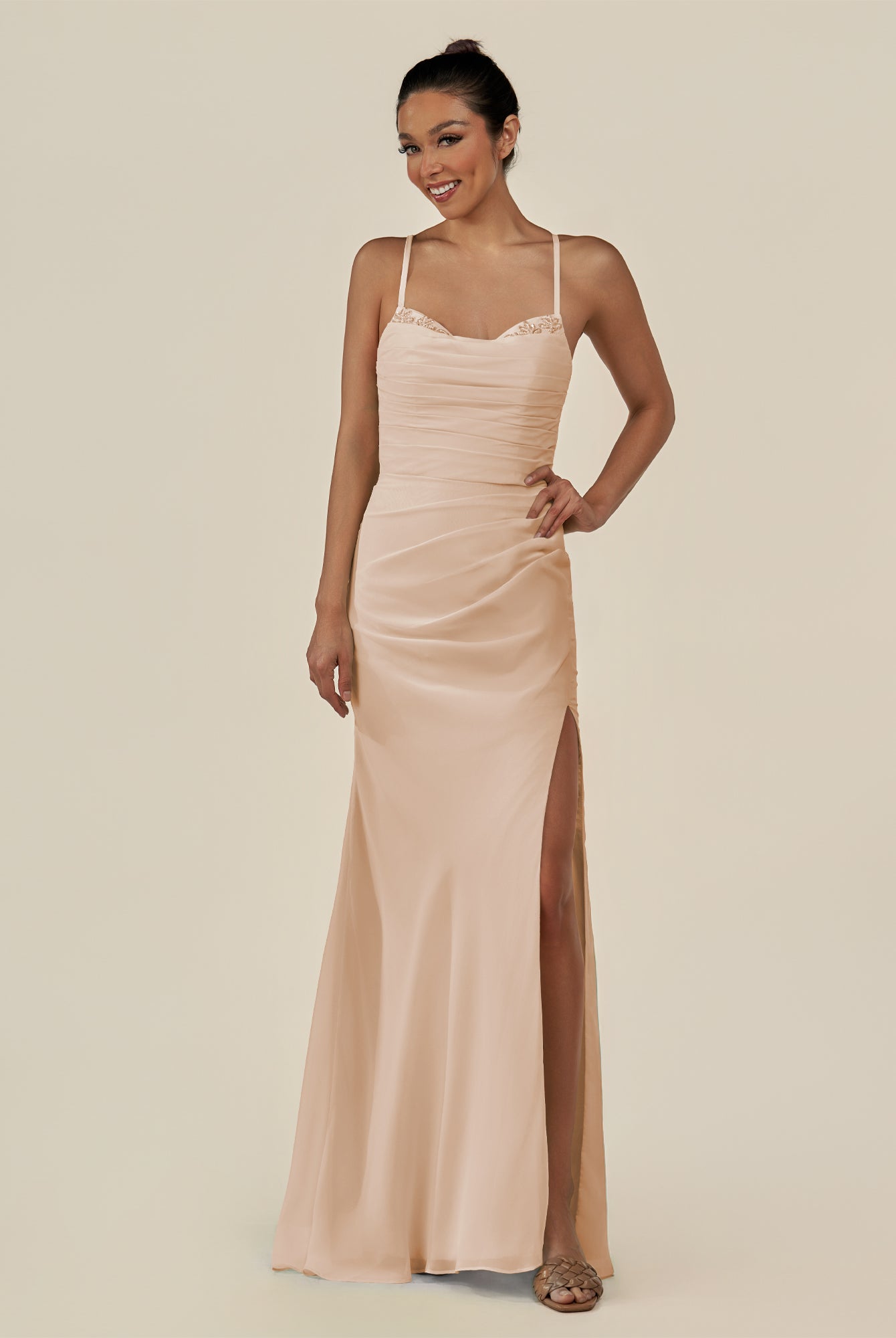 KissDress-Myka Pale Blush Sheath Chiffon Spaghetti Straps Long Bridesmaid Dress with Sequins