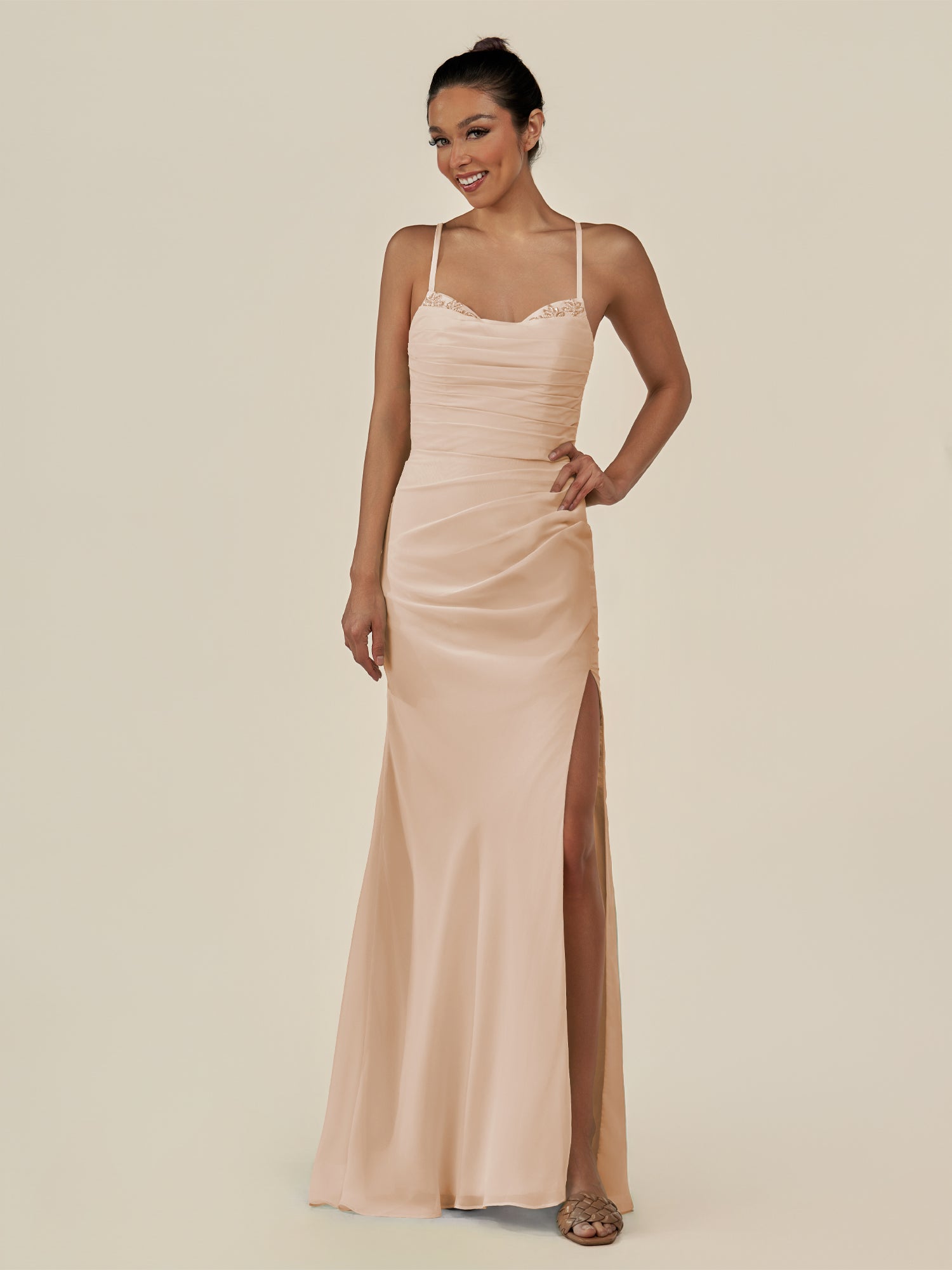 KissDress-Myka Pale Blush Sheath Chiffon Spaghetti Straps Long Bridesmaid Dress with Sequins