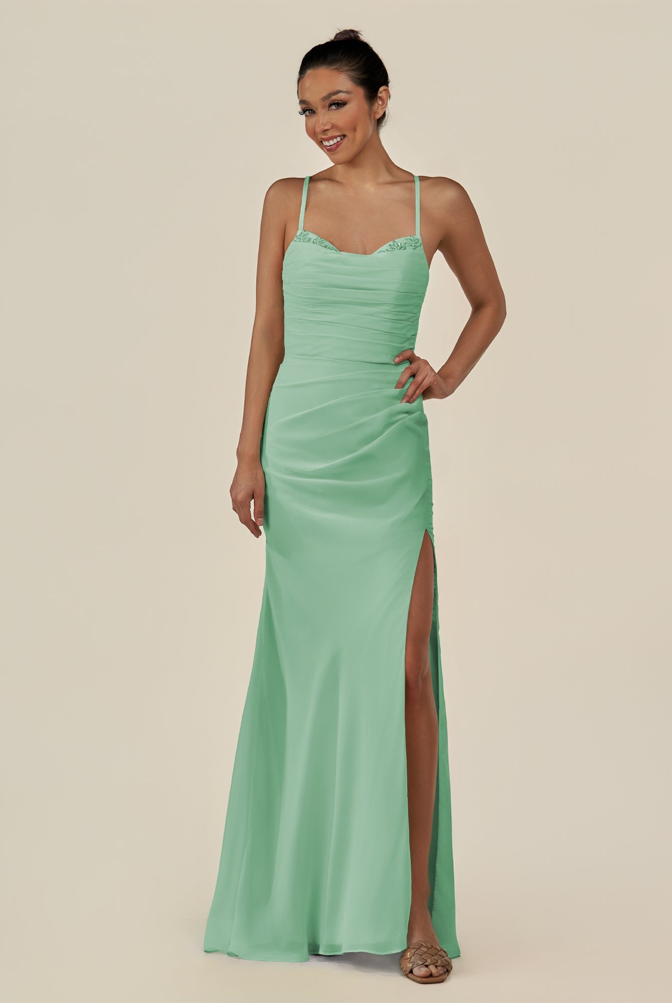 KissDress-Myka Pale Pistachio Sheath Chiffon Spaghetti Straps Long Bridesmaid Dress with Sequins