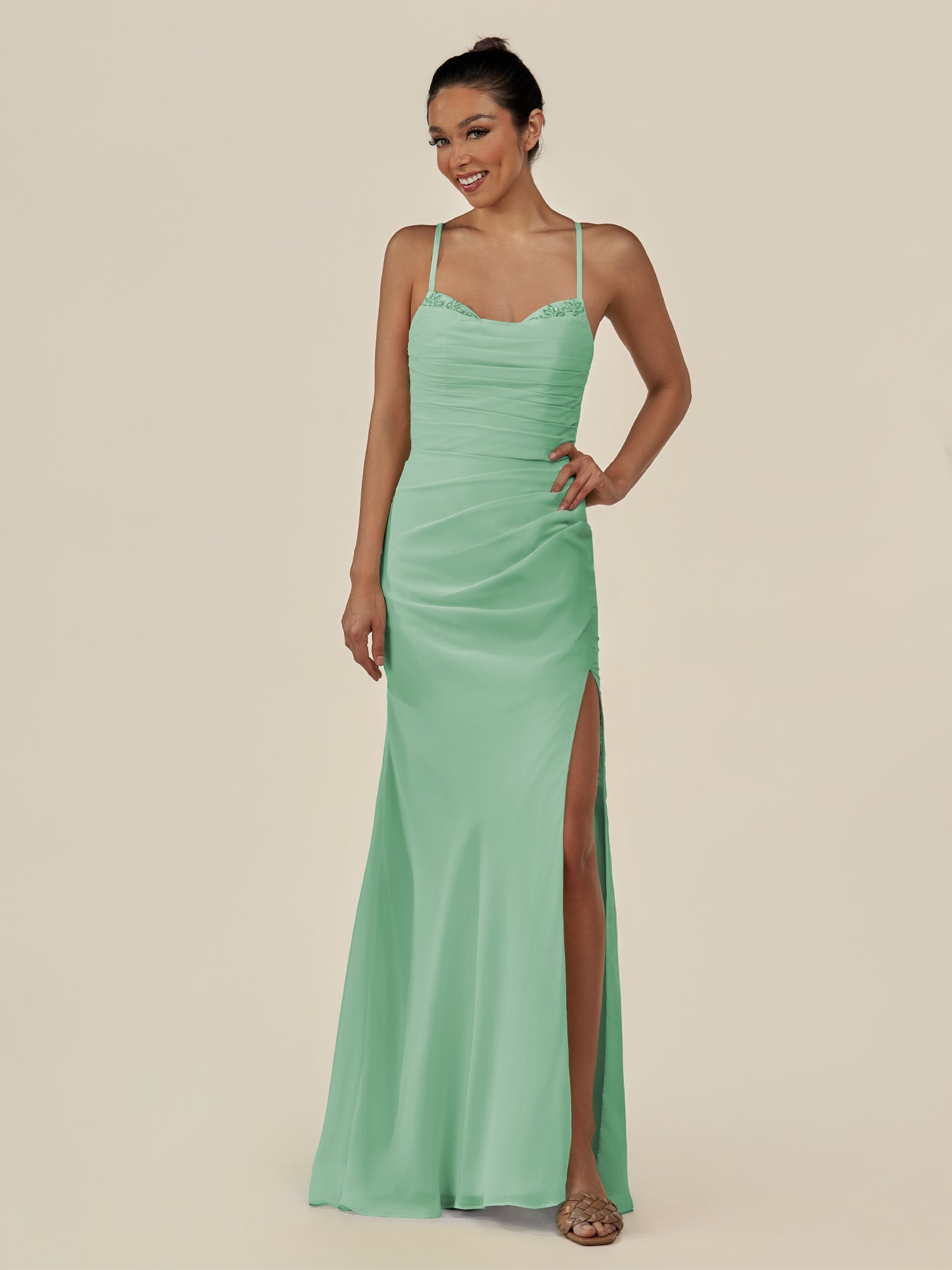 KissDress-Myka Pale Pistachio Sheath Chiffon Spaghetti Straps Long Bridesmaid Dress with Sequins