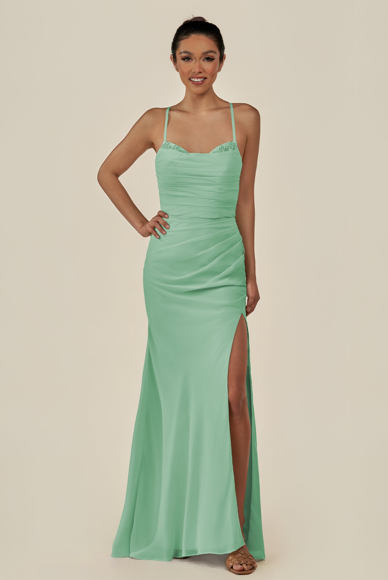 KissDress-Myka Pale Pistachio Sheath Chiffon Spaghetti Straps Long Bridesmaid Dress with Sequins