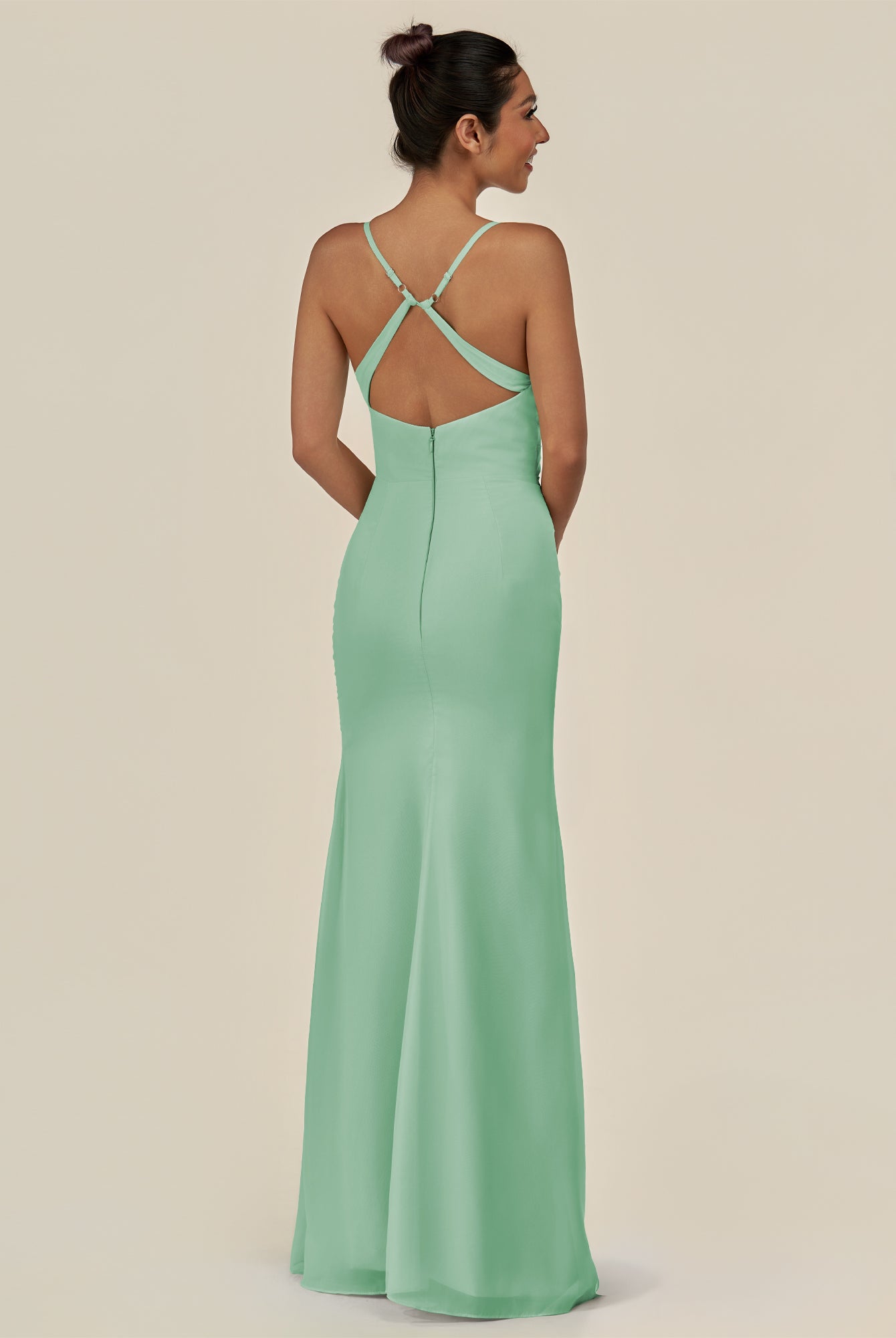 KissDress-Myka Pale Pistachio Sheath Chiffon Spaghetti Straps Long Bridesmaid Dress with Sequins