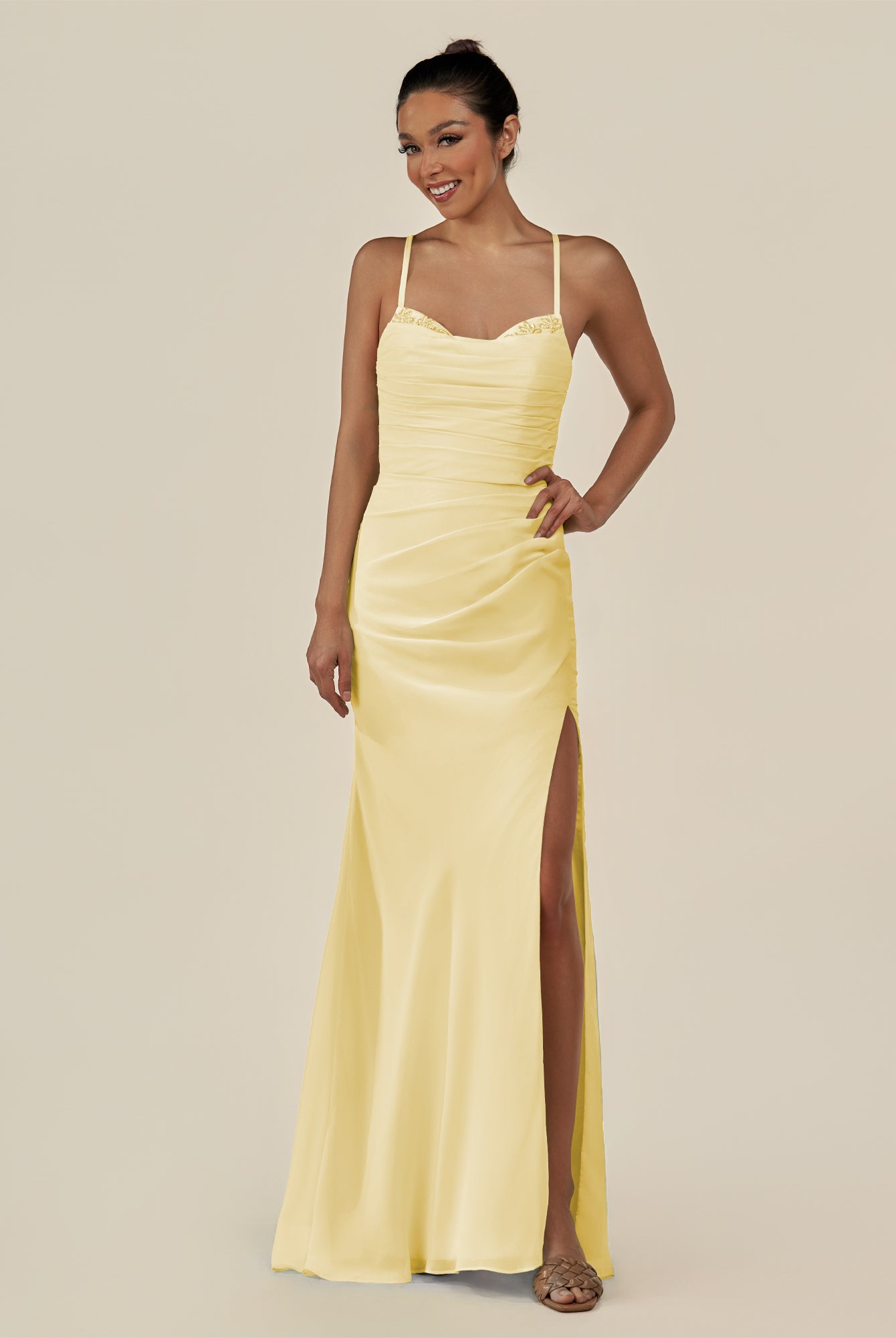 KissDress-Myka Pastel Yellow Sheath Chiffon Spaghetti Straps Long Bridesmaid Dress with Sequins