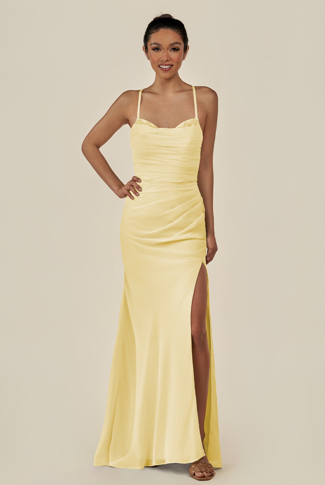 KissDress-Myka Pastel Yellow Sheath Chiffon Spaghetti Straps Long Bridesmaid Dress with Sequins