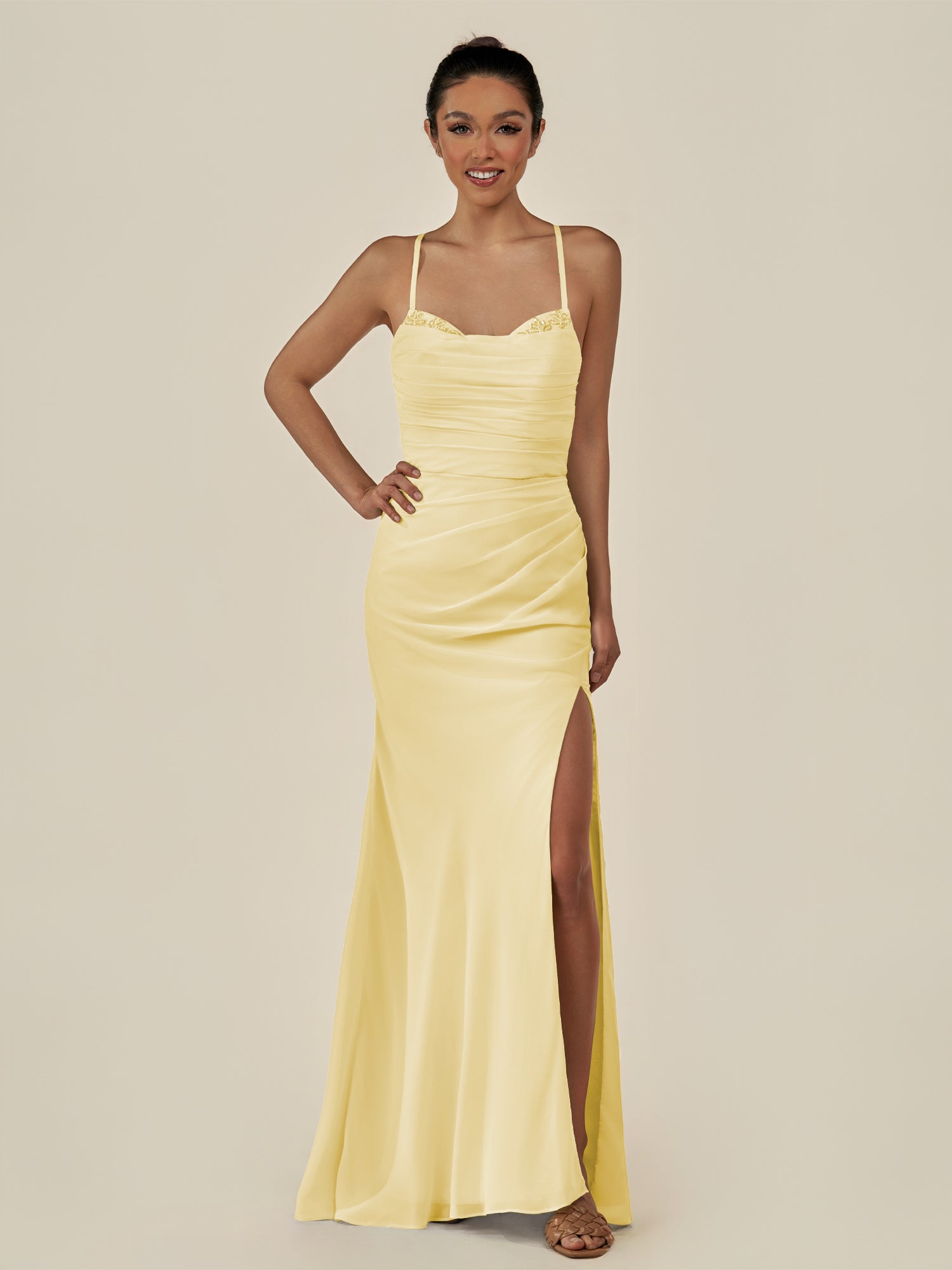 KissDress-Myka Pastel Yellow Sheath Chiffon Spaghetti Straps Long Bridesmaid Dress with Sequins