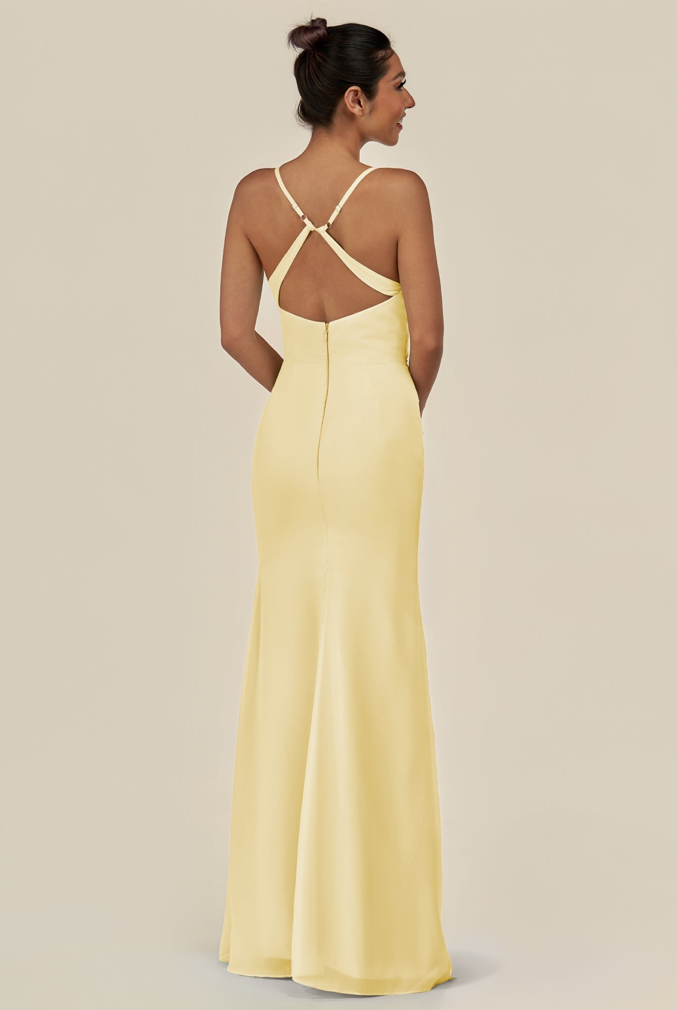 KissDress-Myka Pastel Yellow Sheath Chiffon Spaghetti Straps Long Bridesmaid Dress with Sequins