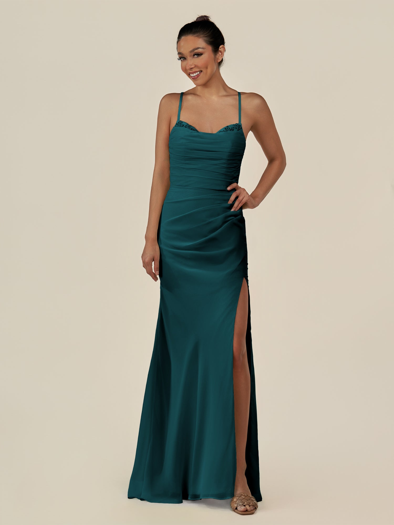 KissDress-Myka Pine Sheath Chiffon Spaghetti Straps Long Bridesmaid Dress with Sequins