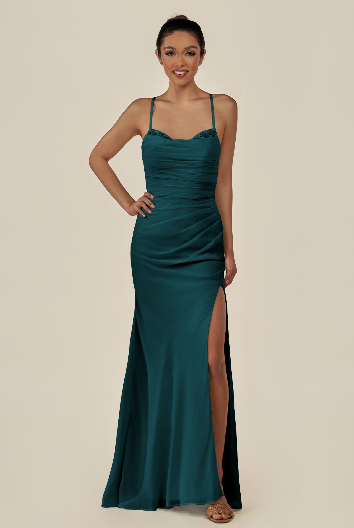 KissDress-Myka Pine Sheath Chiffon Spaghetti Straps Long Bridesmaid Dress with Sequins