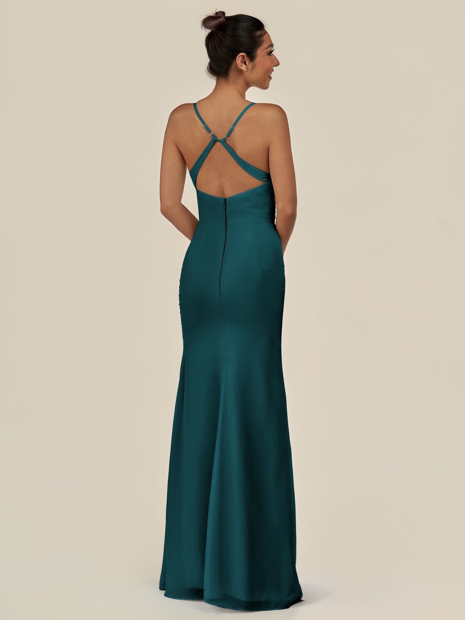 KissDress-Myka Pine Sheath Chiffon Spaghetti Straps Long Bridesmaid Dress with Sequins