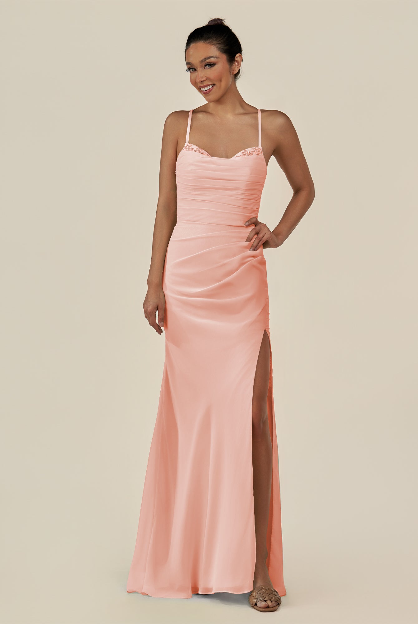 KissDress-Myka Rose Petal Sheath Chiffon Spaghetti Straps Long Bridesmaid Dress with Sequins