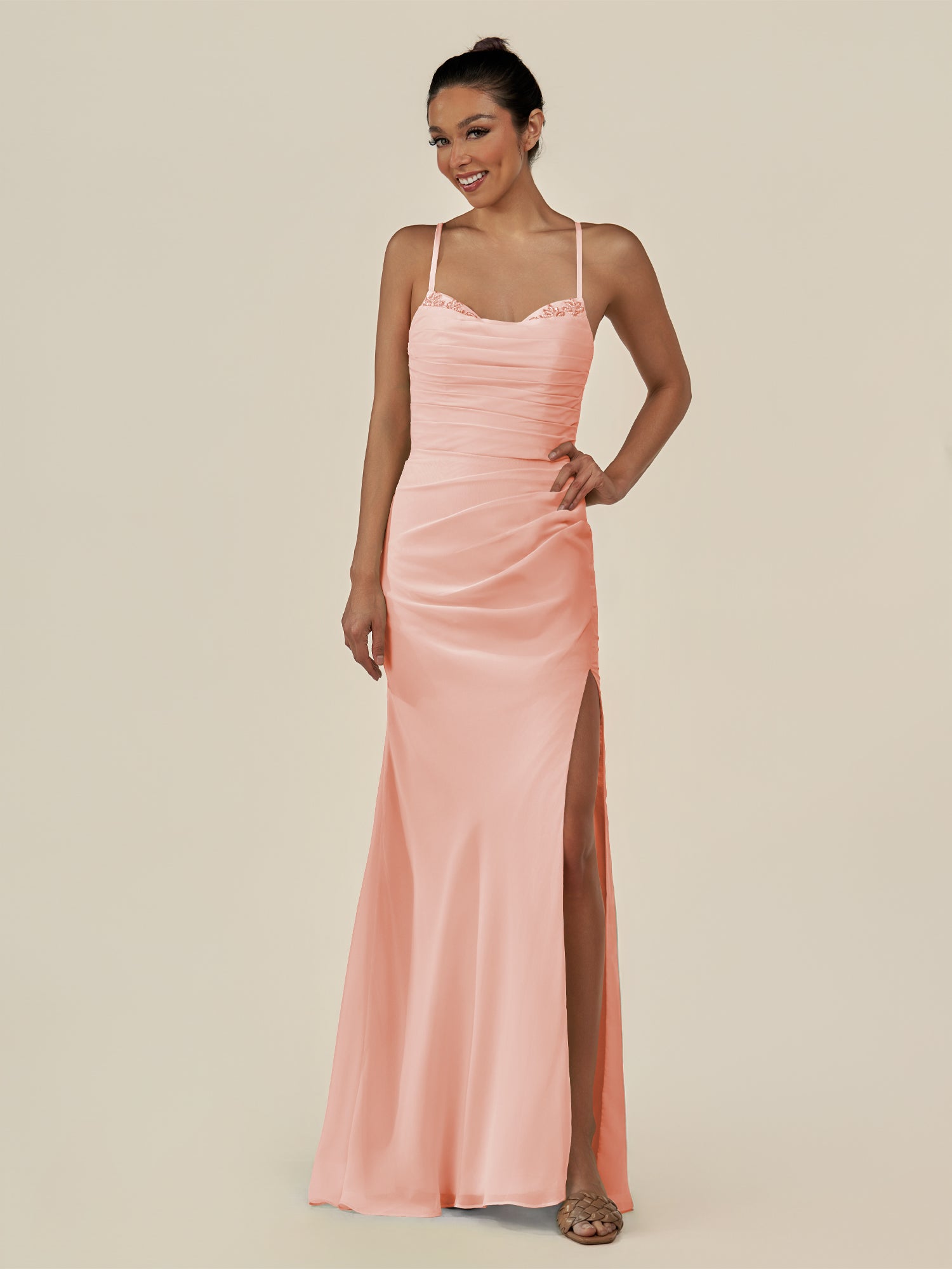 KissDress-Myka Rose Petal Sheath Chiffon Spaghetti Straps Long Bridesmaid Dress with Sequins