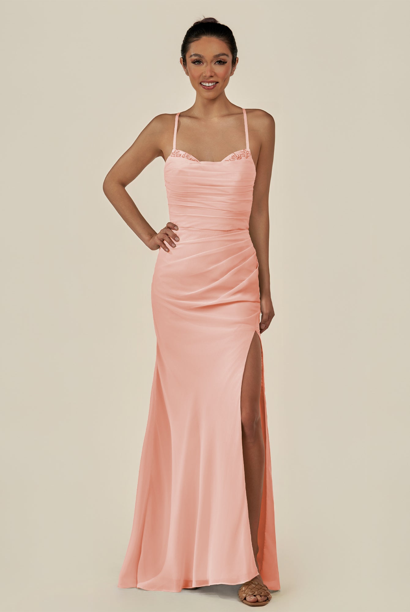 KissDress-Myka Rose Petal Sheath Chiffon Spaghetti Straps Long Bridesmaid Dress with Sequins