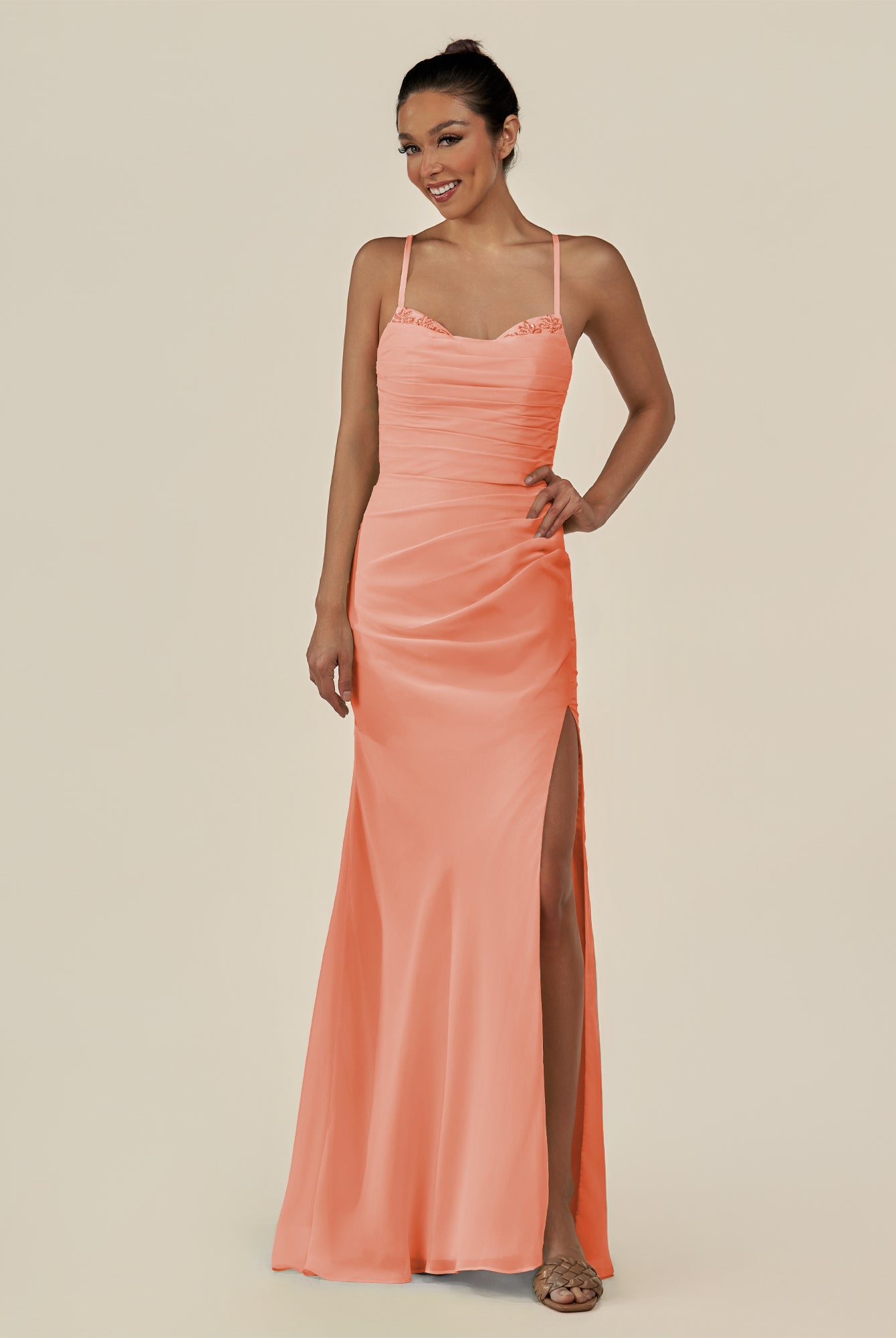 KissDress-Myka Rosette Sheath Chiffon Spaghetti Straps Long Bridesmaid Dress with Sequins