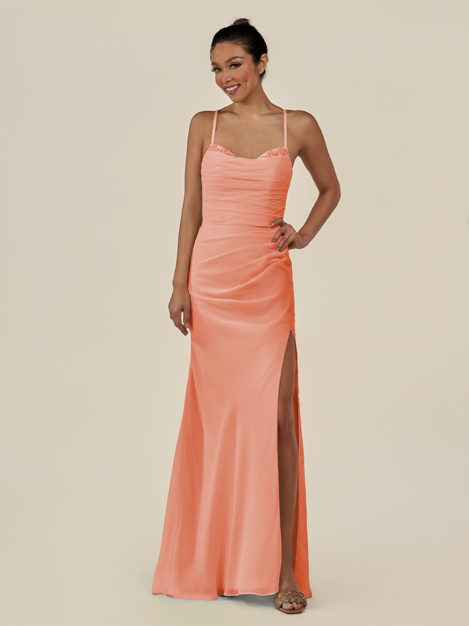 KissDress-Myka Rosette Sheath Chiffon Spaghetti Straps Long Bridesmaid Dress with Sequins