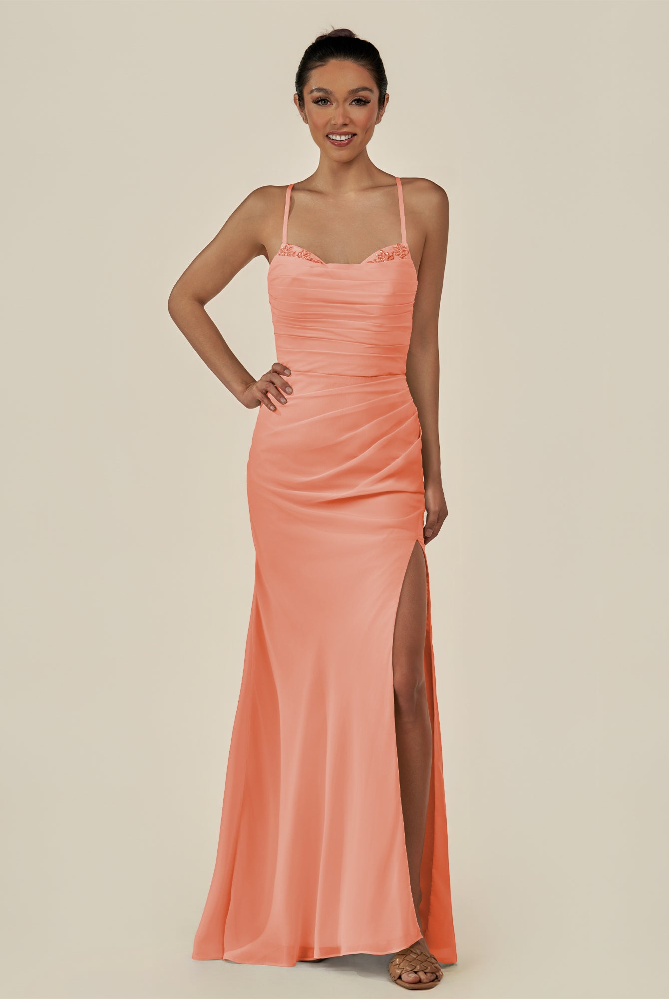 KissDress-Myka Rosette Sheath Chiffon Spaghetti Straps Long Bridesmaid Dress with Sequins
