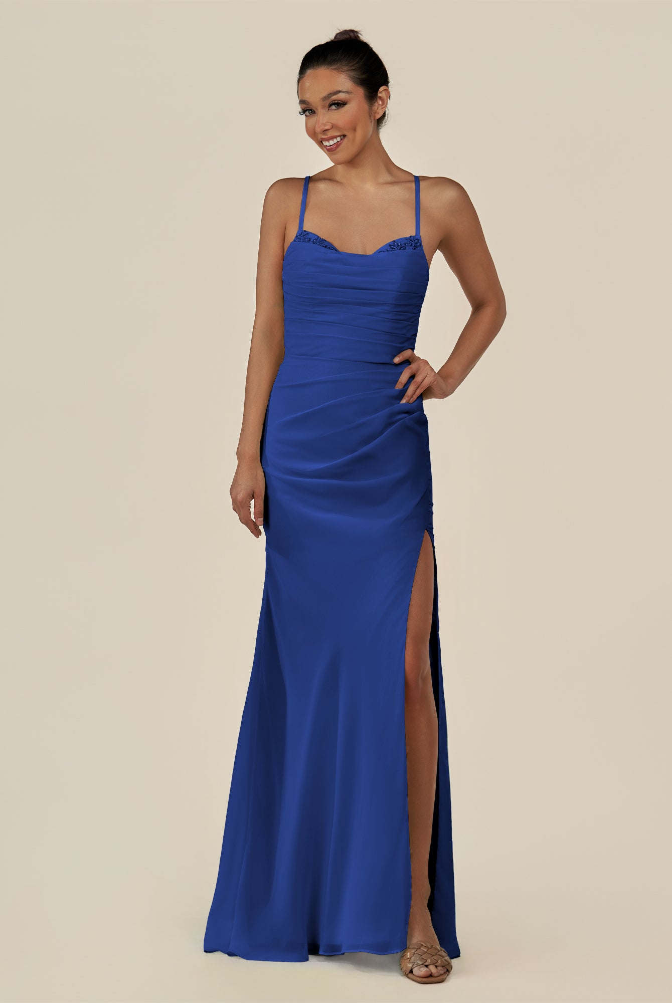 KissDress-Myka Royal Blue Sheath Chiffon Spaghetti Straps Long Bridesmaid Dress with Sequins