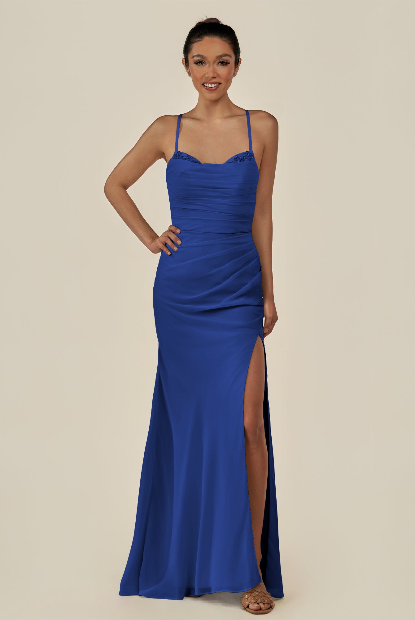 KissDress-Myka Royal Blue Sheath Chiffon Spaghetti Straps Long Bridesmaid Dress with Sequins