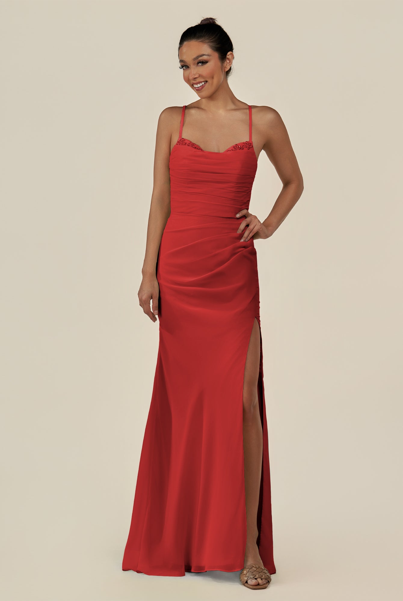 KissDress-Myka Ruby Red Sheath Chiffon Spaghetti Straps Long Bridesmaid Dress with Sequins