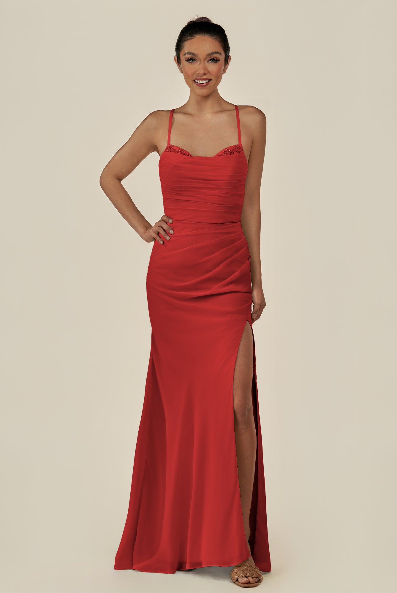 KissDress-Myka Ruby Red Sheath Chiffon Spaghetti Straps Long Bridesmaid Dress with Sequins