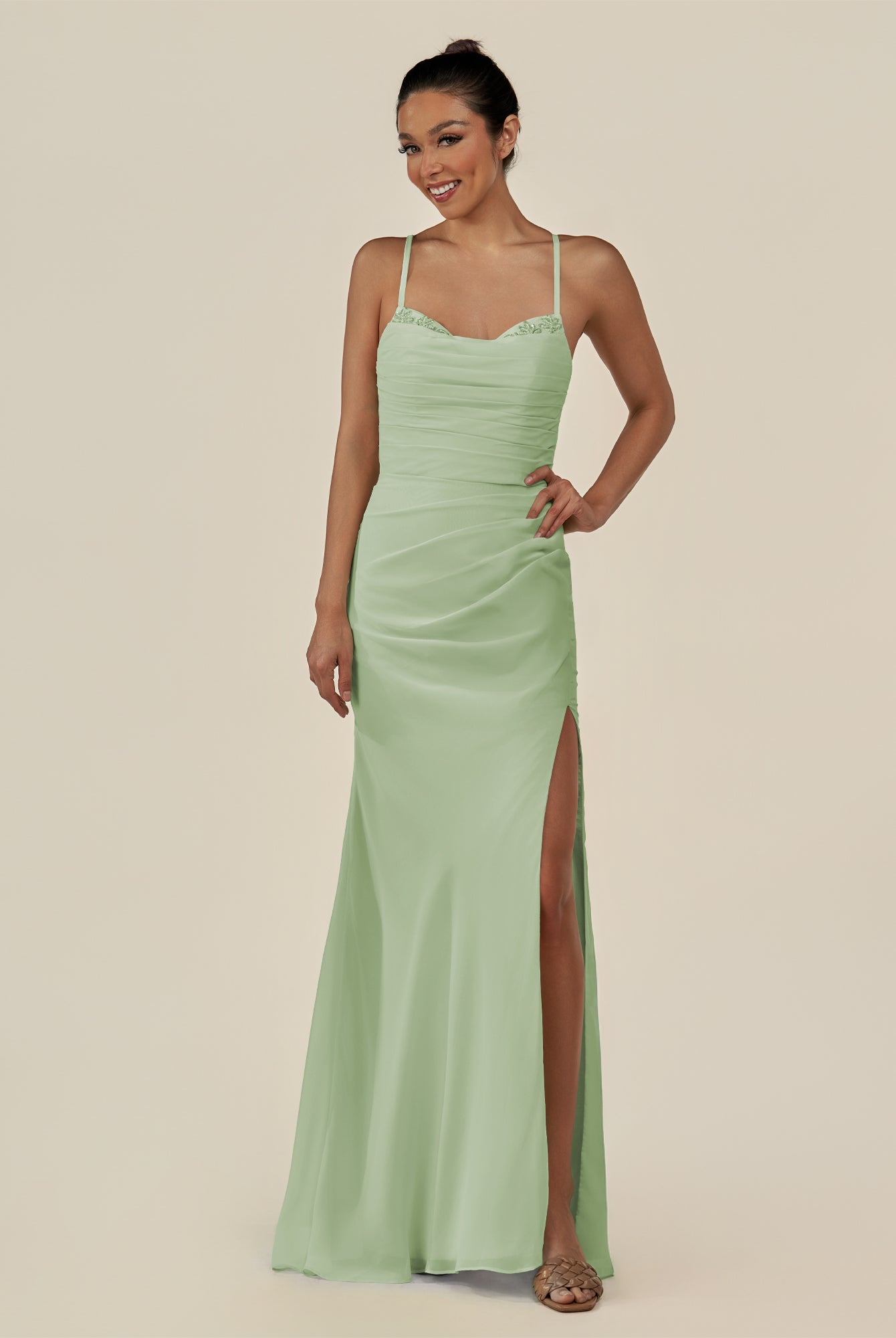 KissDress-Myka Sage Sheath Chiffon Spaghetti Straps Long Bridesmaid Dress with Sequins