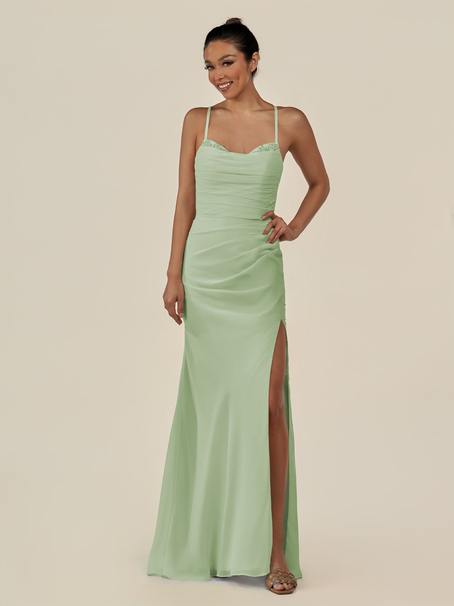 KissDress-Myka Sage Sheath Chiffon Spaghetti Straps Long Bridesmaid Dress with Sequins