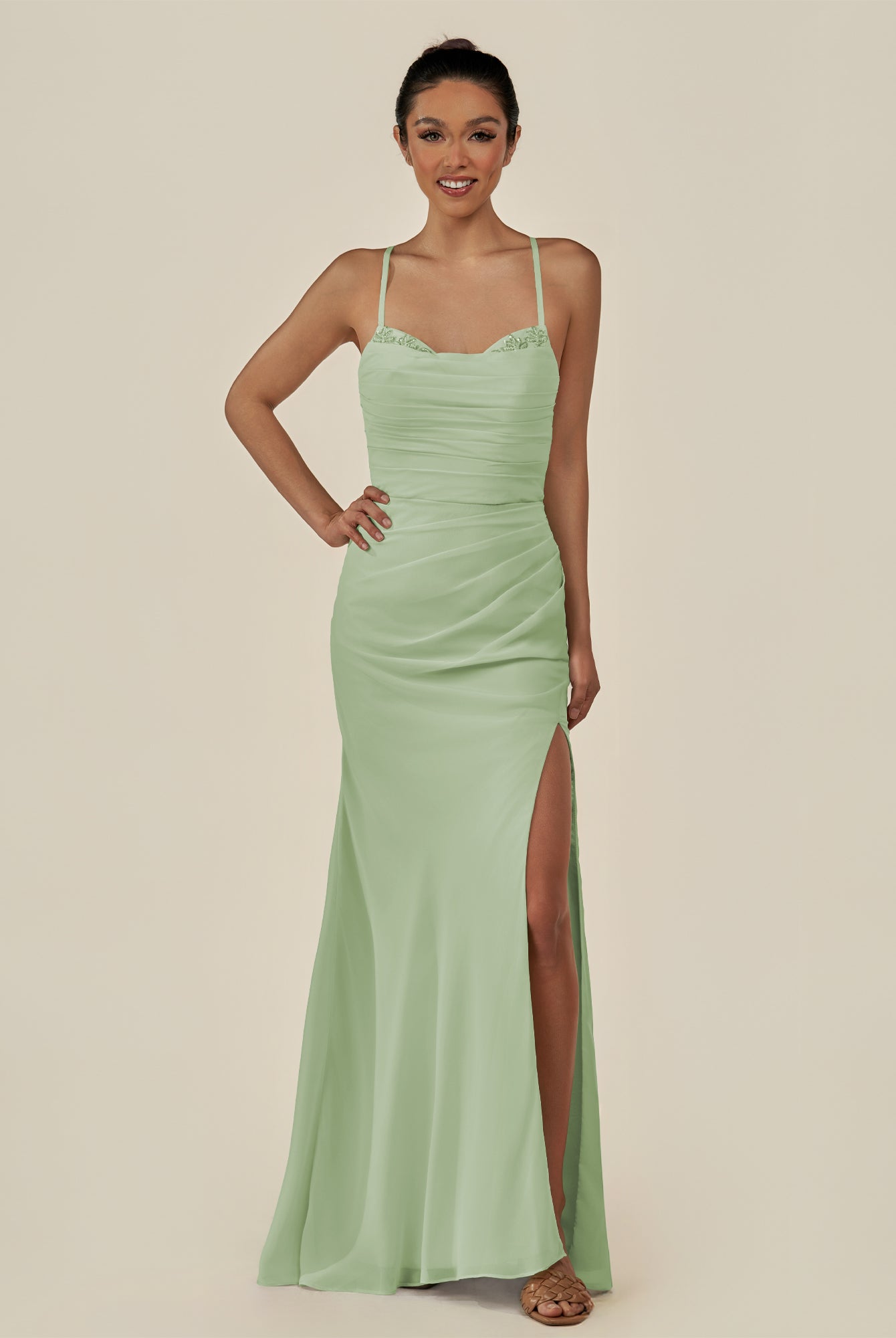 KissDress-Myka Sage Sheath Chiffon Spaghetti Straps Long Bridesmaid Dress with Sequins