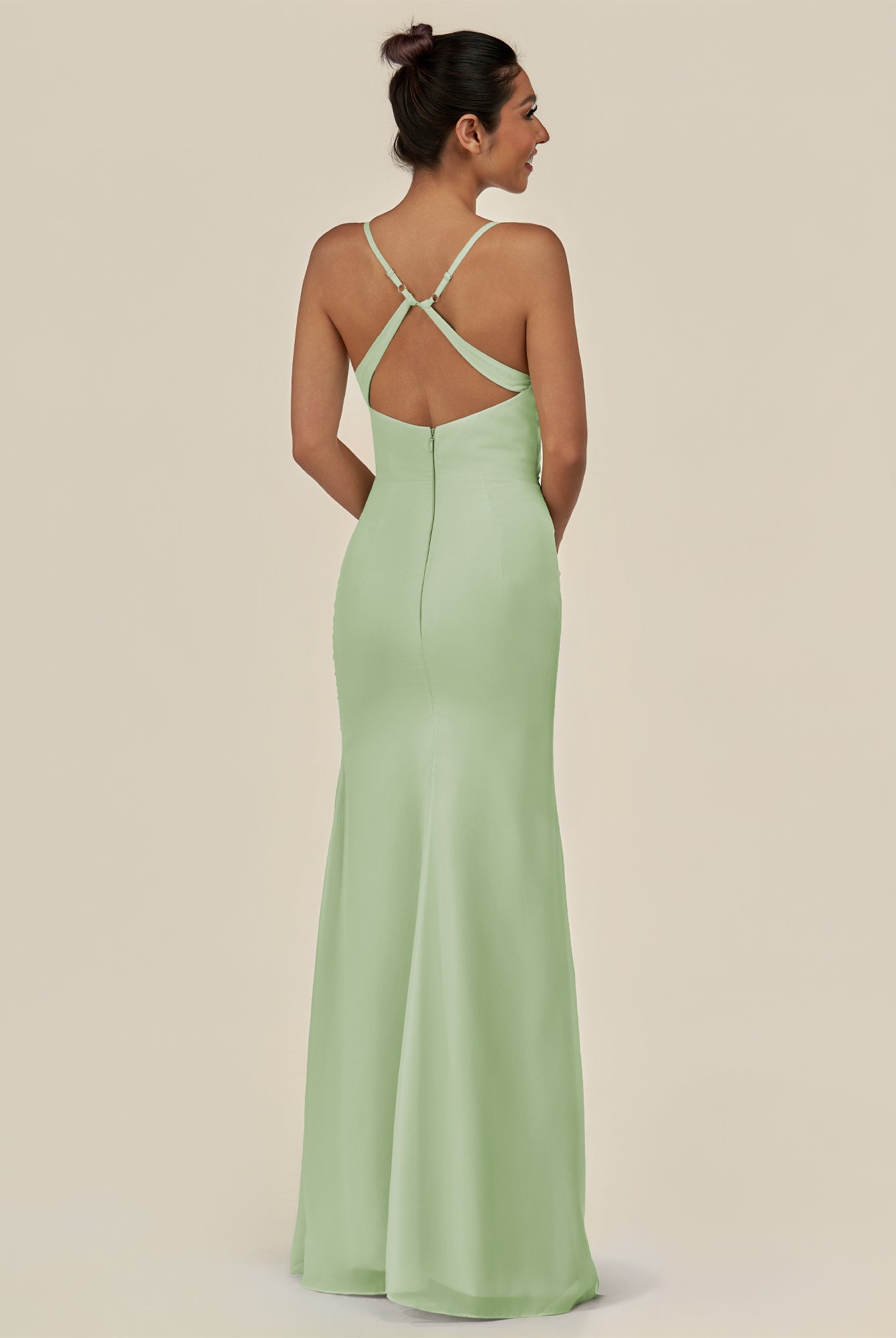 KissDress-Myka Sage Sheath Chiffon Spaghetti Straps Long Bridesmaid Dress with Sequins