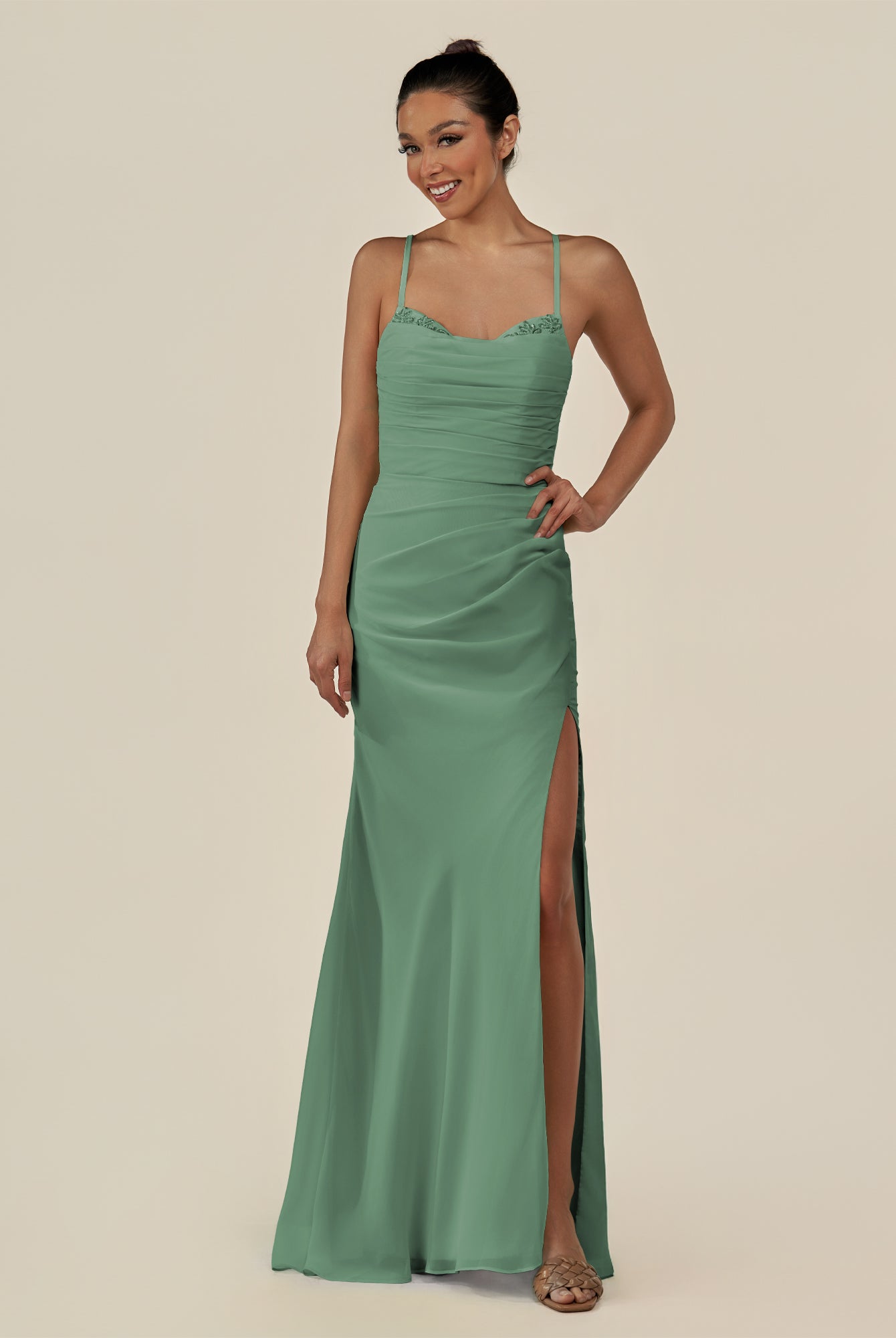 KissDress-Myka Sea Glass Sheath Chiffon Spaghetti Straps Long Bridesmaid Dress with Sequins