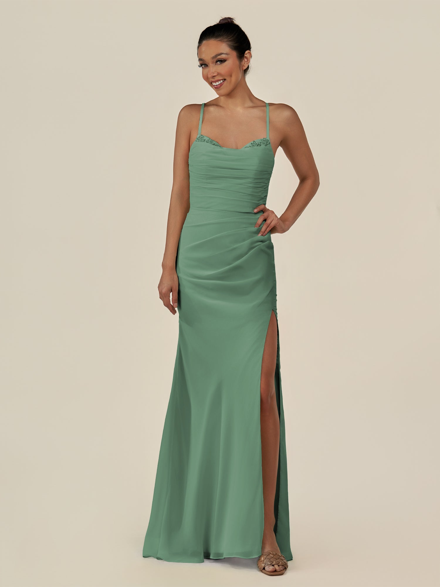 KissDress-Myka Sea Glass Sheath Chiffon Spaghetti Straps Long Bridesmaid Dress with Sequins