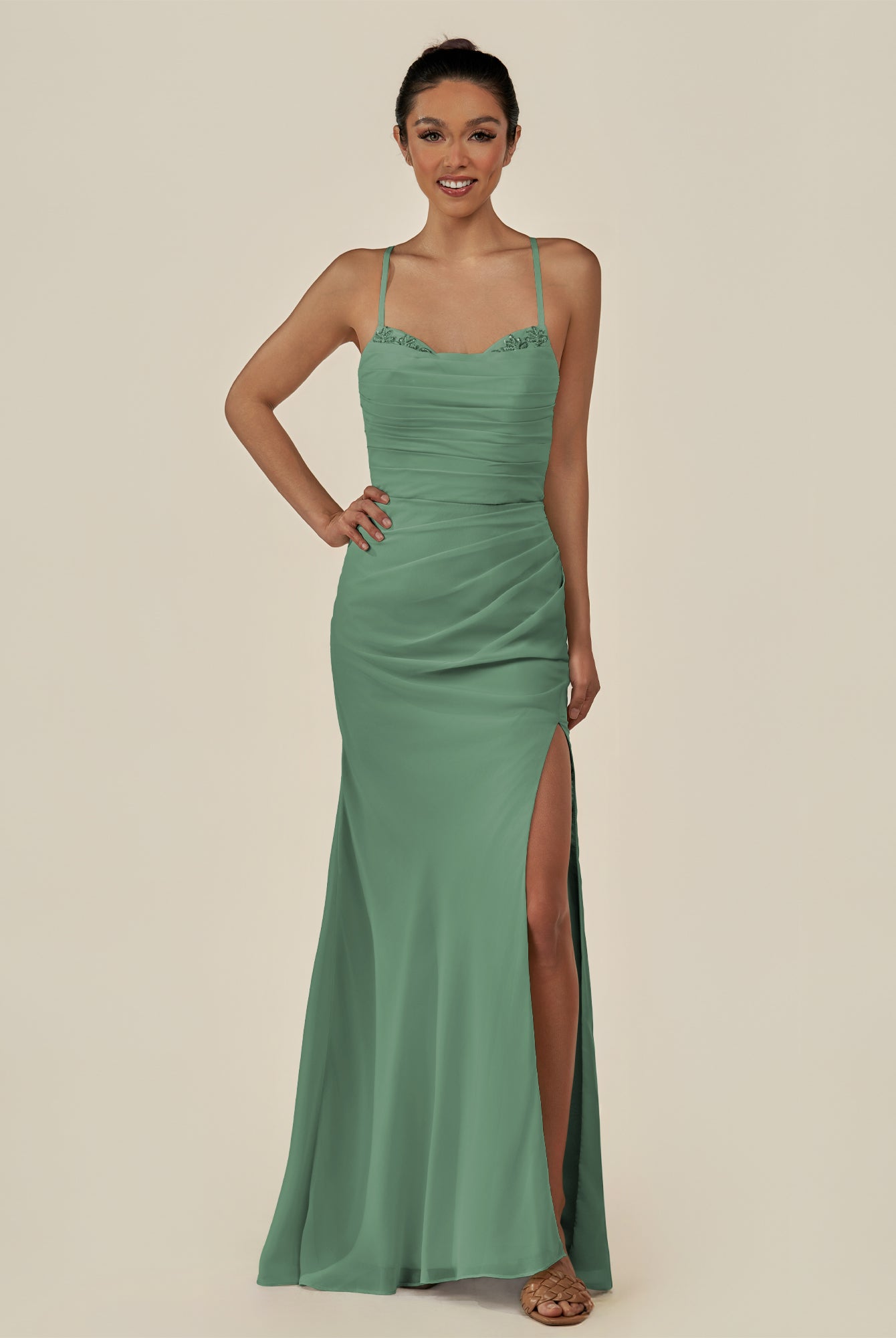 KissDress-Myka Sea Glass Sheath Chiffon Spaghetti Straps Long Bridesmaid Dress with Sequins