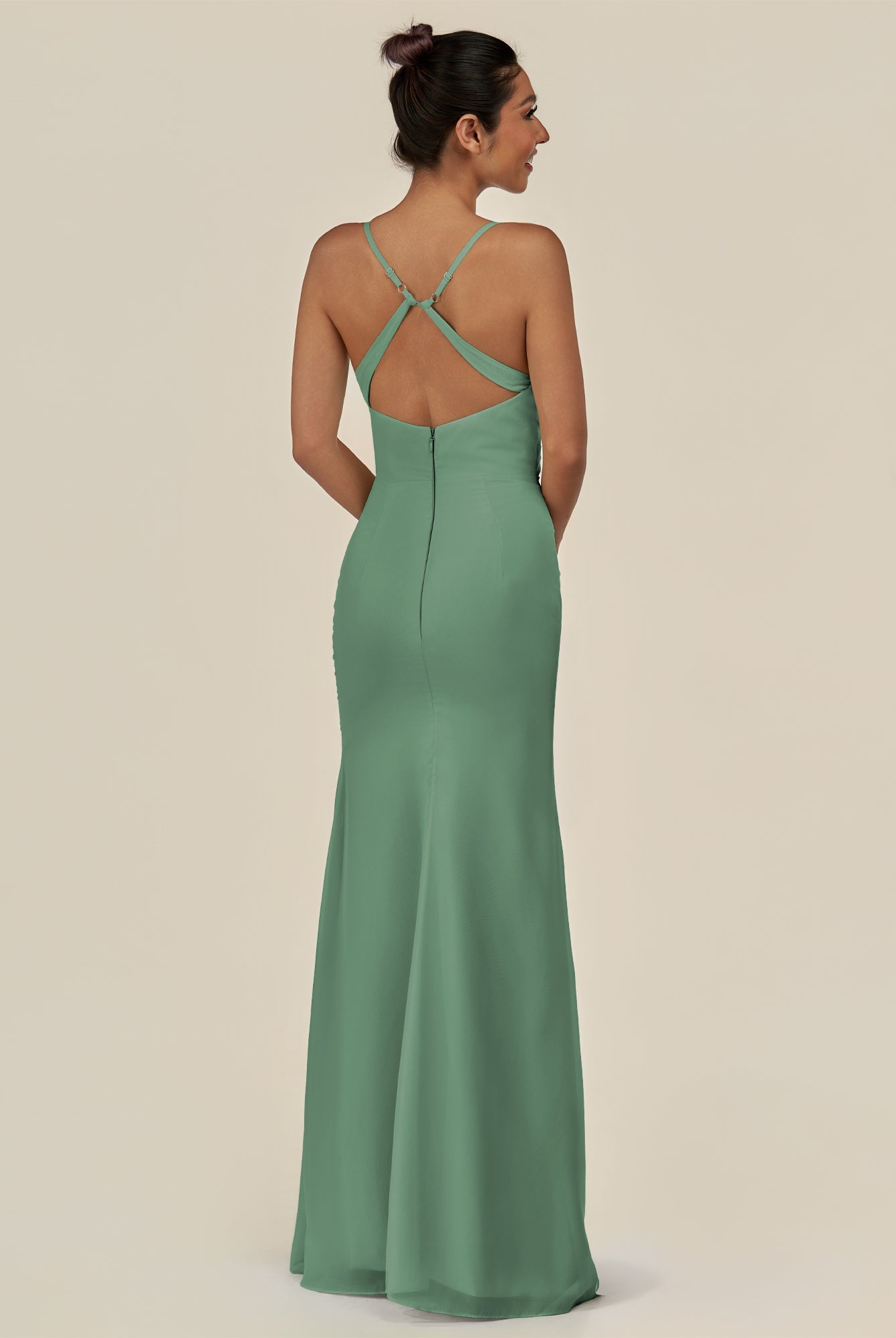 KissDress-Myka Sea Glass Sheath Chiffon Spaghetti Straps Long Bridesmaid Dress with Sequins