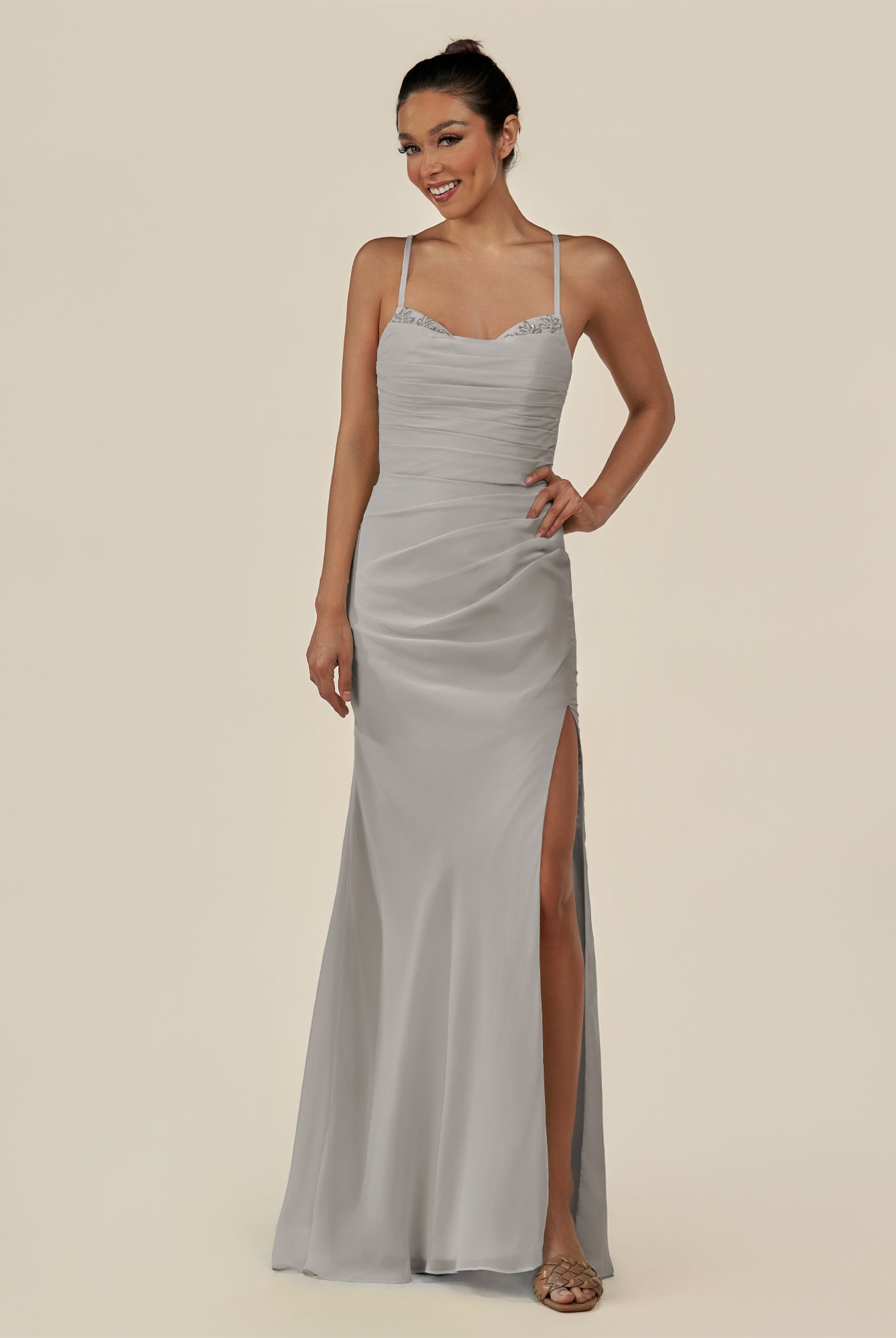 KissDress-Myka Silver Sheath Chiffon Spaghetti Straps Long Bridesmaid Dress with Sequins