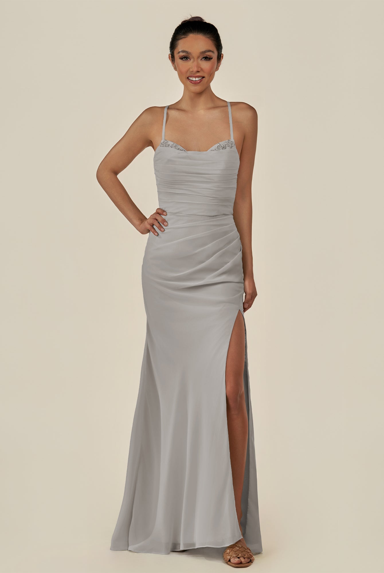 KissDress-Myka Silver Sheath Chiffon Spaghetti Straps Long Bridesmaid Dress with Sequins