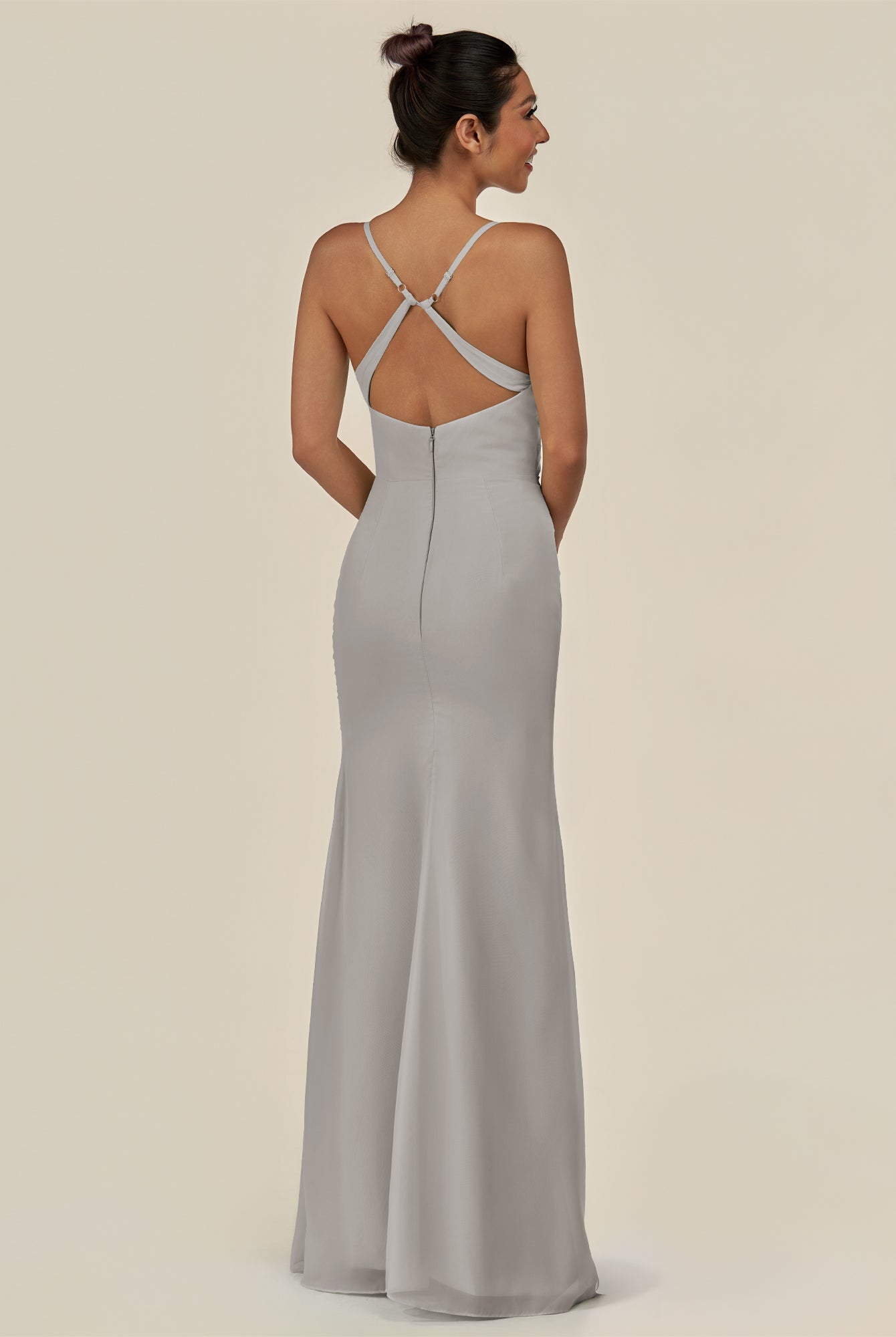 KissDress-Myka Silver Sheath Chiffon Spaghetti Straps Long Bridesmaid Dress with Sequins