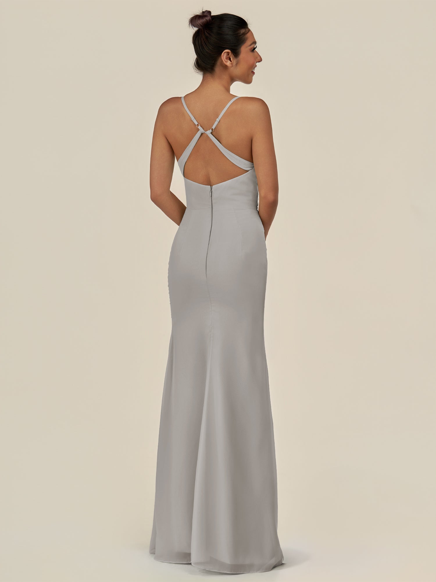 KissDress-Myka Silver Sheath Chiffon Spaghetti Straps Long Bridesmaid Dress with Sequins