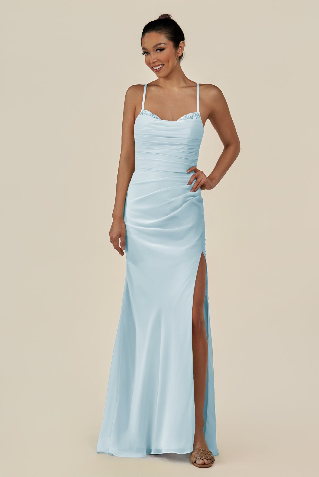 KissDress-Myka Sky Blue Sheath Chiffon Spaghetti Straps Long Bridesmaid Dress with Sequins