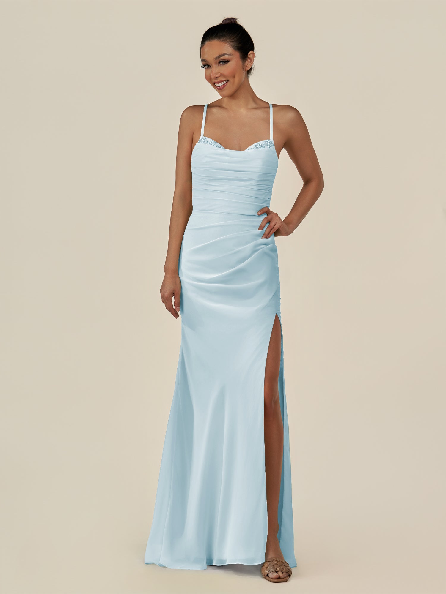 KissDress-Myka Sky Blue Sheath Chiffon Spaghetti Straps Long Bridesmaid Dress with Sequins
