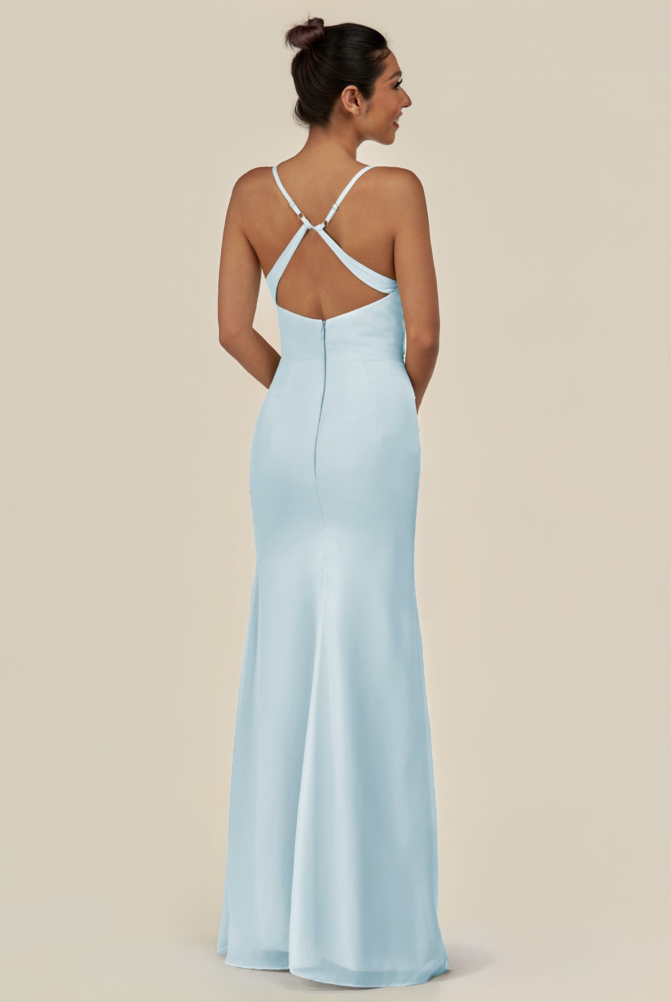 KissDress-Myka Sky Blue Sheath Chiffon Spaghetti Straps Long Bridesmaid Dress with Sequins