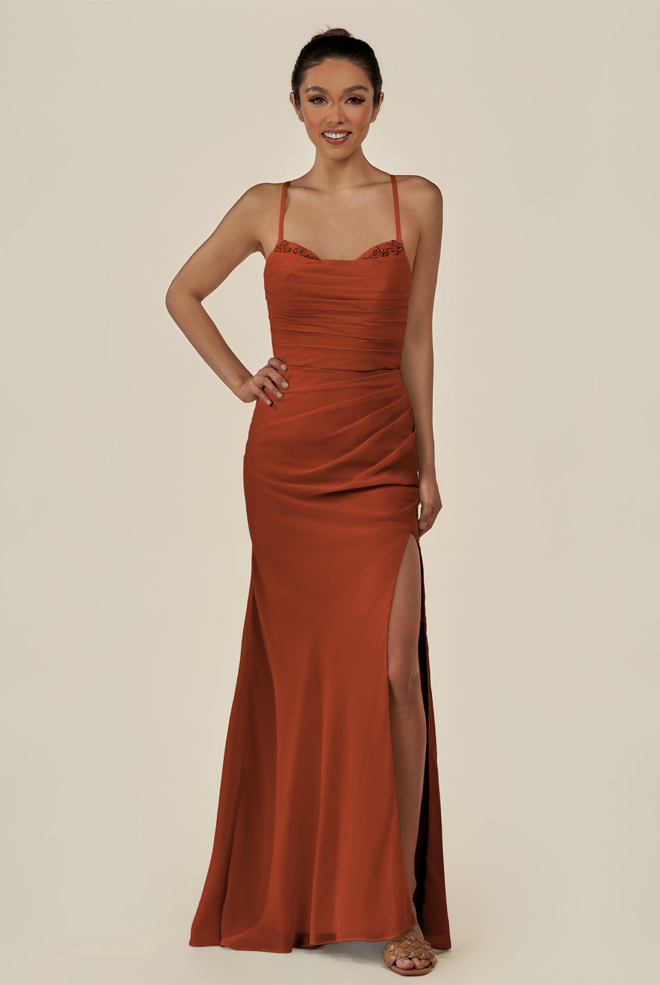 KissDress-Myka Spice Sheath Chiffon Spaghetti Straps Long Bridesmaid Dress with Sequins